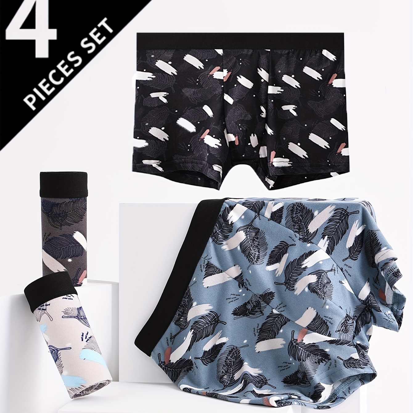 

4-Pack de Boxers Respirants Antibactériens et Confortables Imprimés Haute Élasticité pour Hommes avec Motif Végétal, Tissu Tricoté 100% Polyester, Collection de Sous-Vêtements Sexy