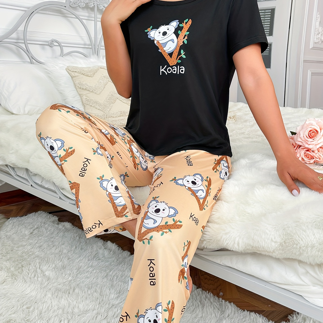 Cute Koala Letter Print Pajama Set Short Sleeve Crew Neck - Temu