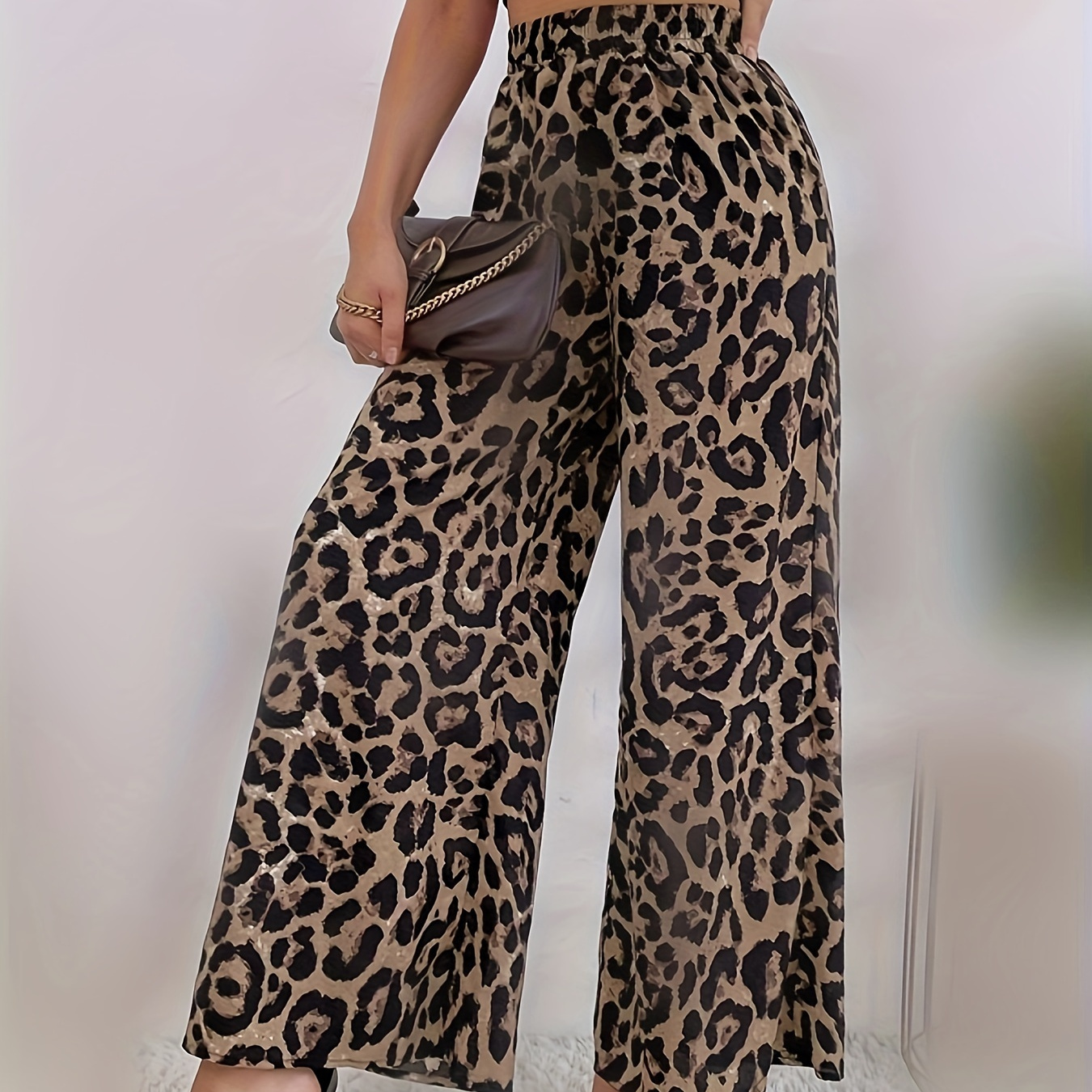

Pantalon à jambes larges imprimé léopard, pantalon taille élastique décontracté pour le printemps et l'été, vêtements pour femmes