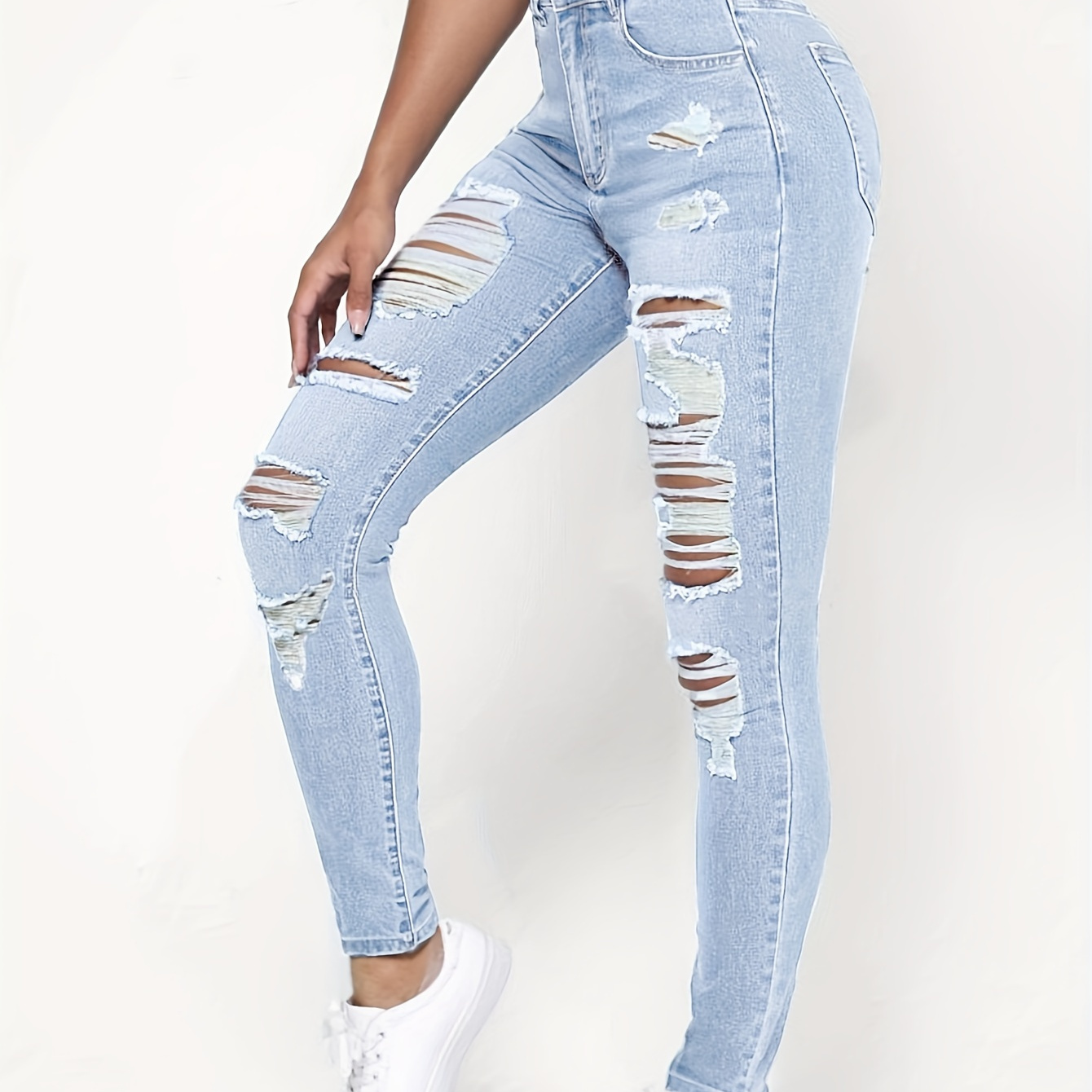 

Women's Sexy High-waisted Skinny Jeans With Ripped Detail, Slim Fit, Stretch Denim For Casual Wear