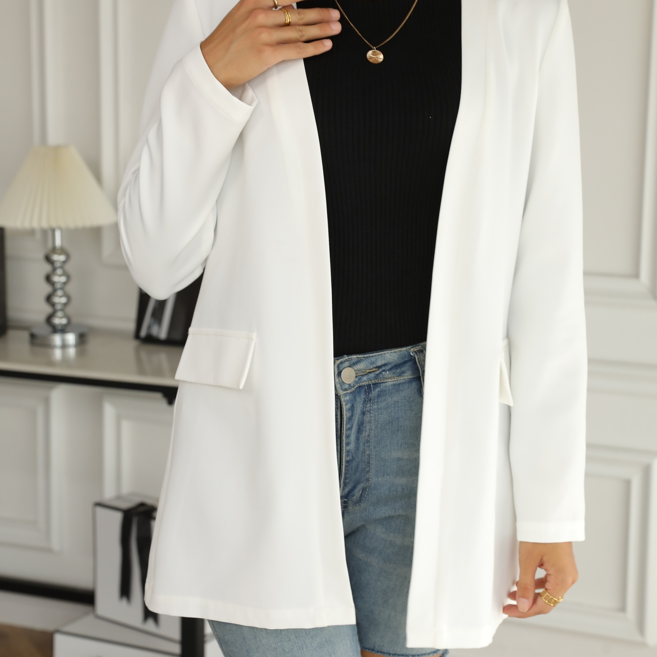 Plus Size Casual Blazer, Women's Plus Solid Long Sleeve Open Front Workwear Blazer