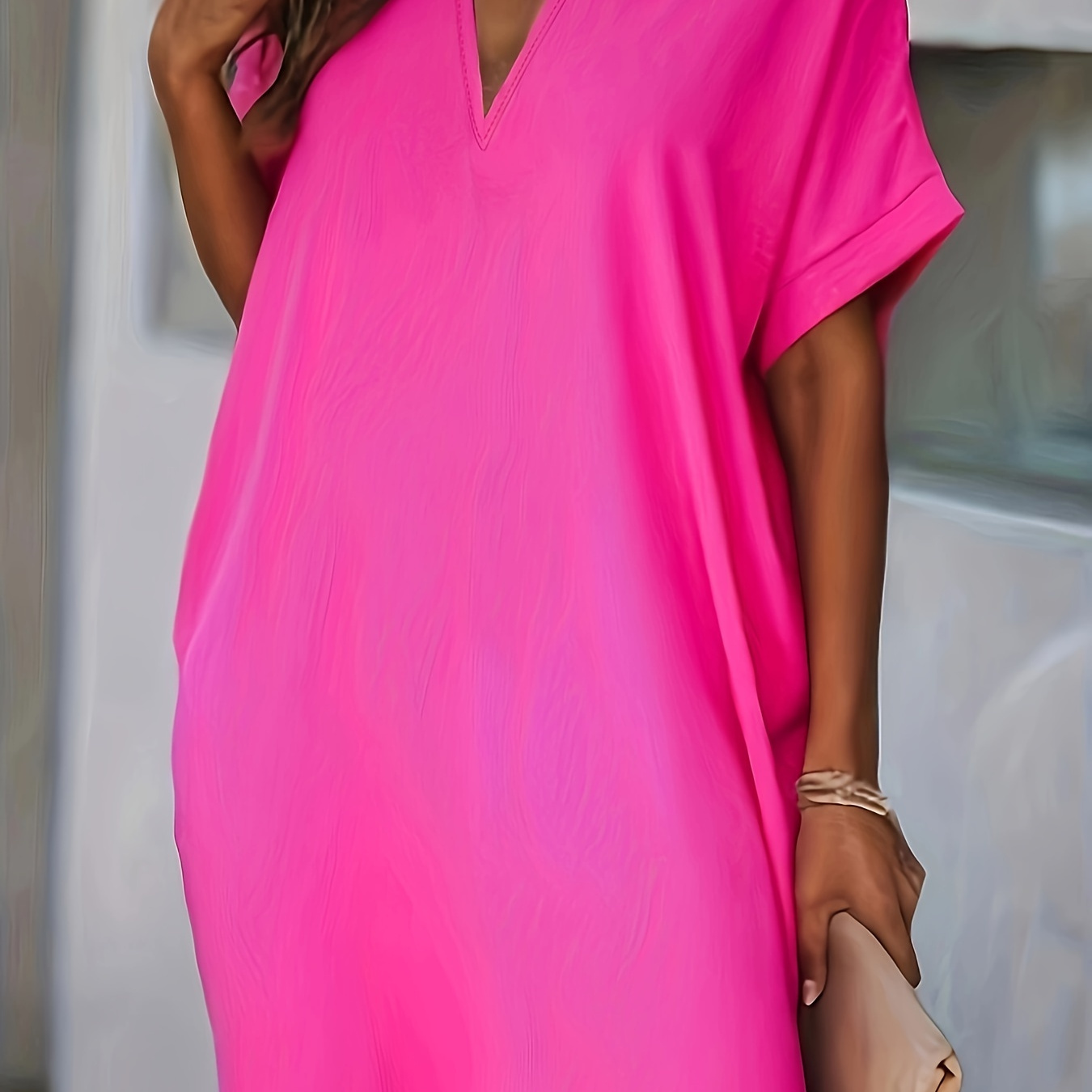 

Solid Color V Neck Dress, Elegant Short Sleeve Midi Dress For Spring & Fall, Women's Clothing