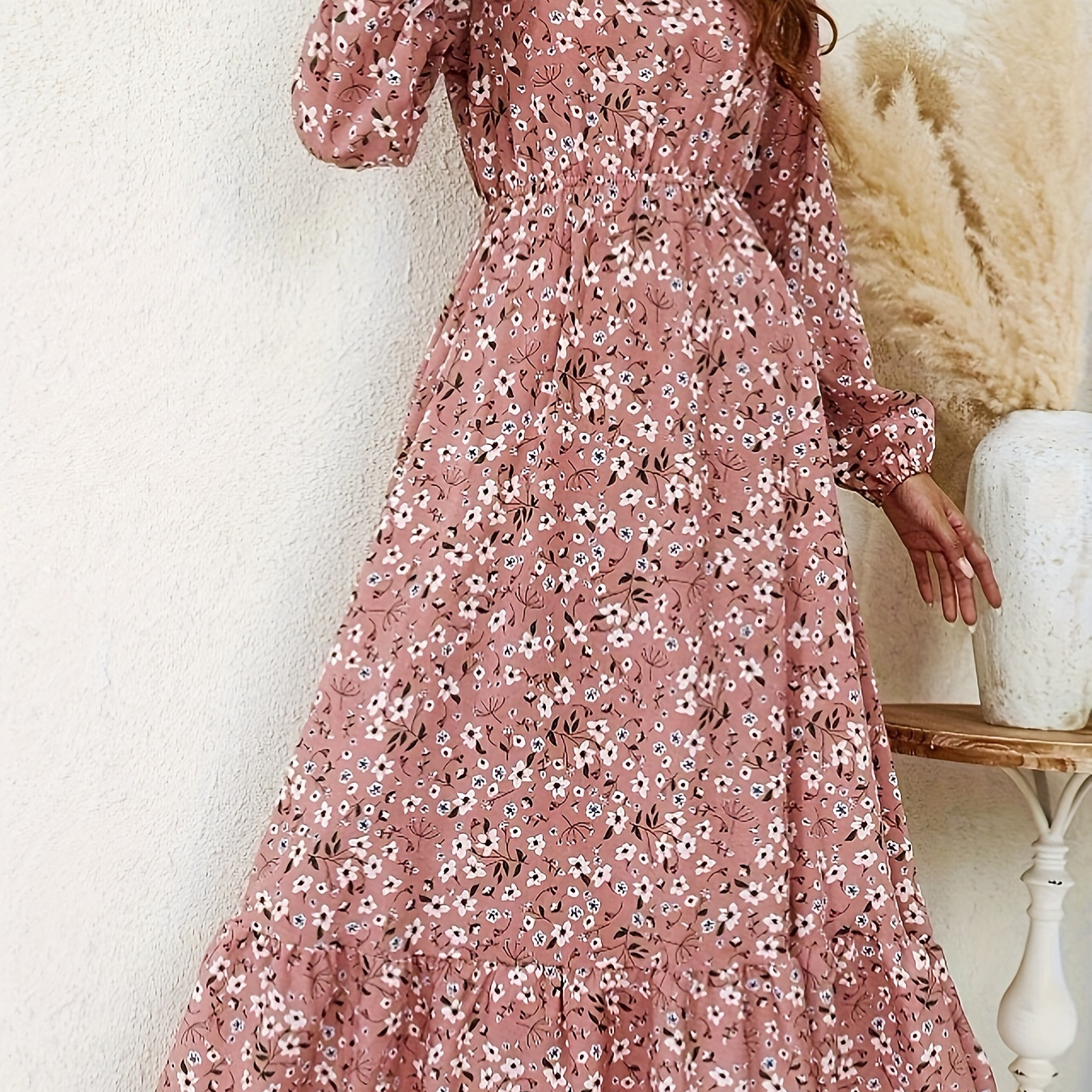 

Robe à col rond à imprimé floral, élégante robe longue à manches longues, taille cintrée et ourlet à volants, pour les vacances et le week-end, vêtements pour femmes.