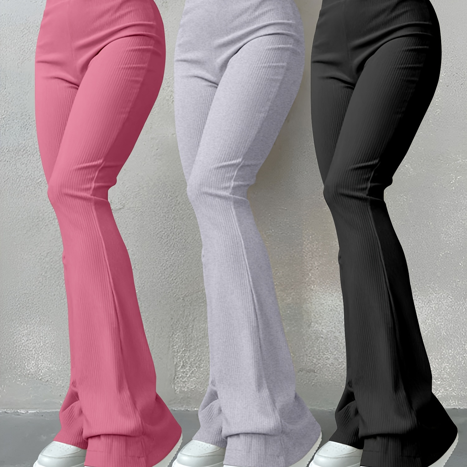 

3 Pack Solid Color Pants, High Waist Flare Leg Casual Pants, Women's Clothing