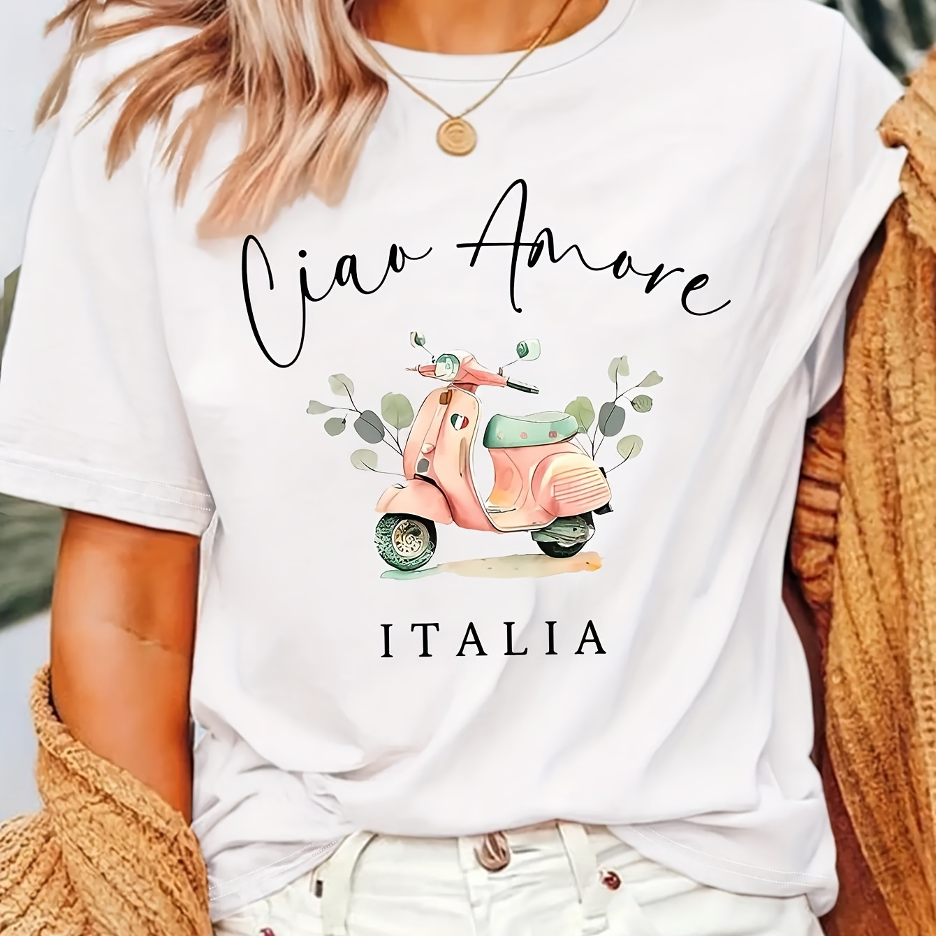 

Women's Italy Print T-shirt - Short Sleeve, Crew Neck, Casual Polyester Top For , Ladies T Shirts