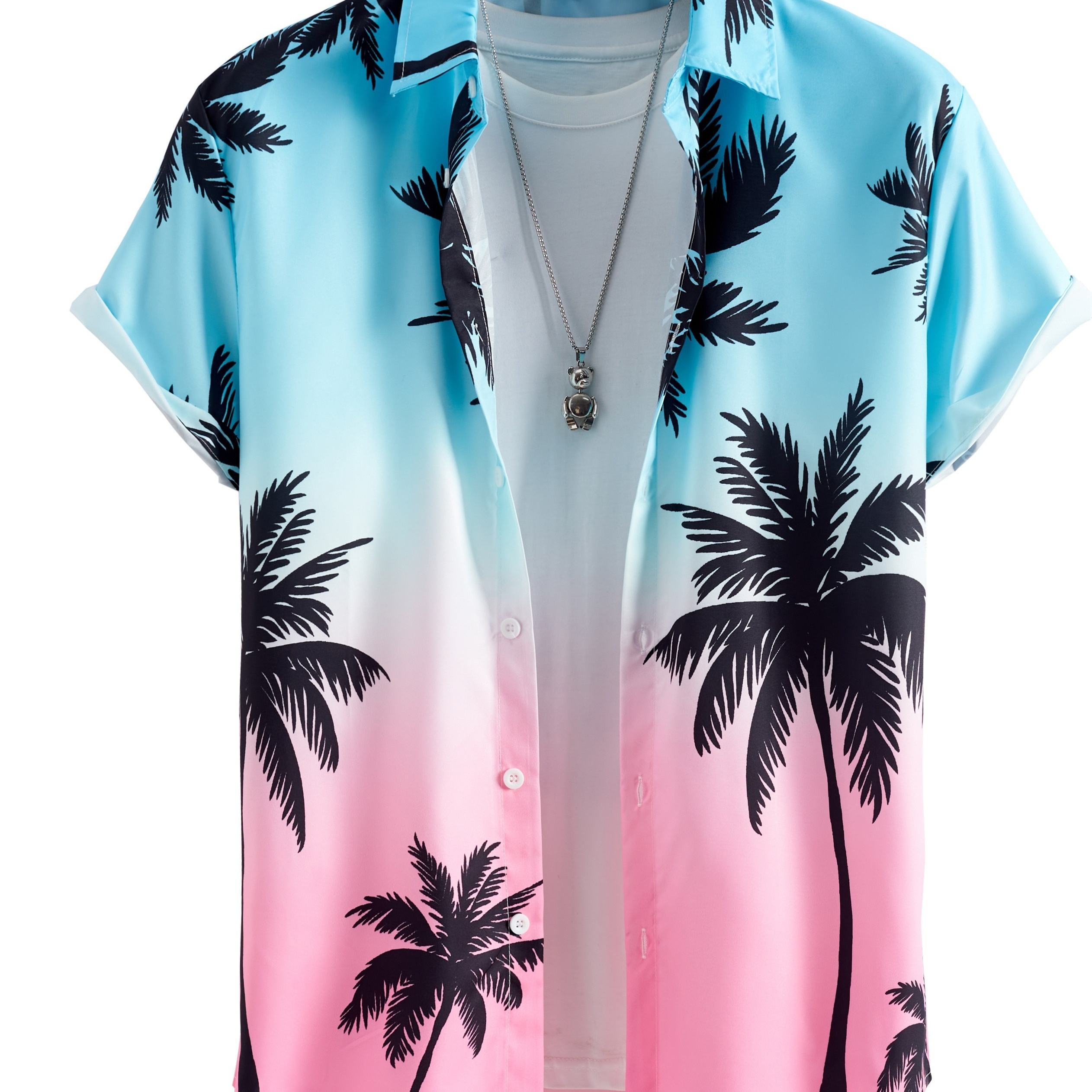 

Coconut Tree Pattern Gradient Color Print Men's Short Sleeve Button Down Lapel Shirt For Summer Resort Holiday, Hawaiian Style