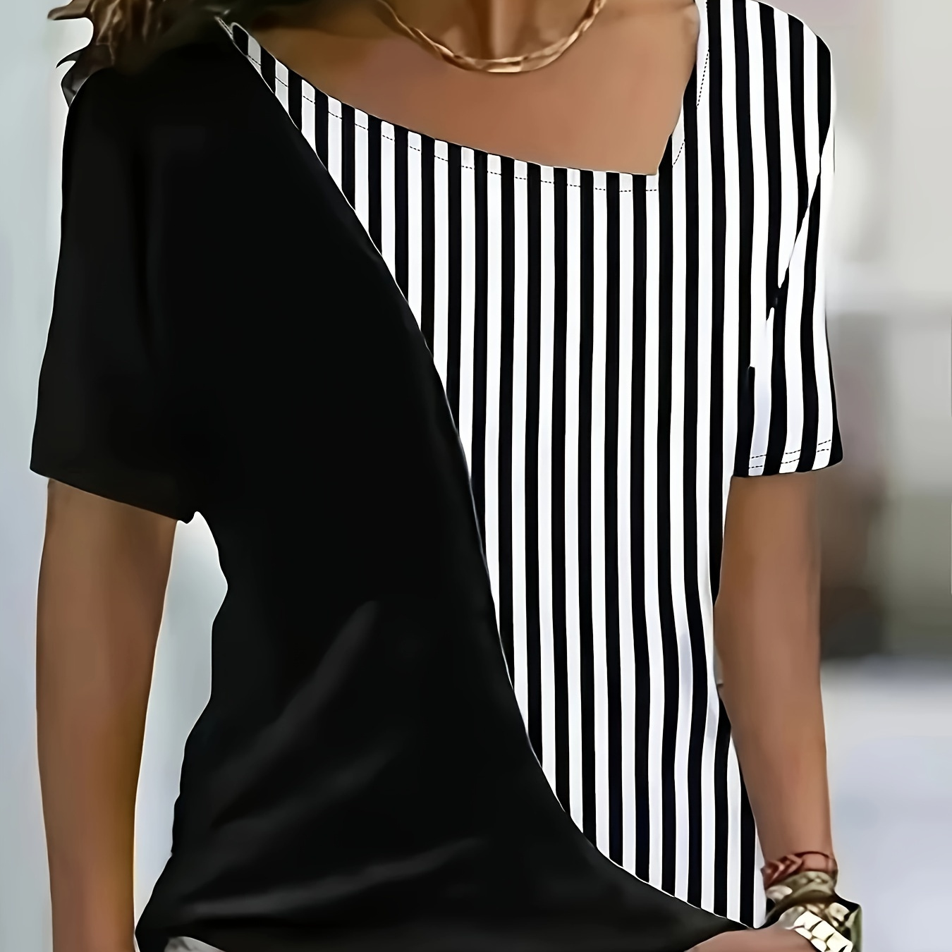 

Size Striped T-shirt For Women - Casual Asymmetrical Neckline, Short Sleeve, Spring/summer Collection