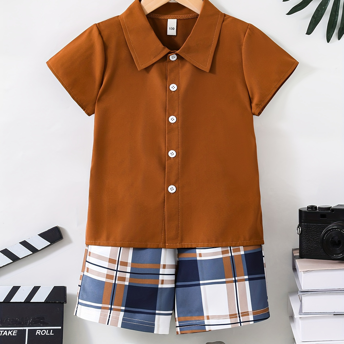 

2pcs Boys Casual Solid Color Short Sleeve Lapel Shirt & Plaid Shorts Set, Comfy Summer Boys Clothing