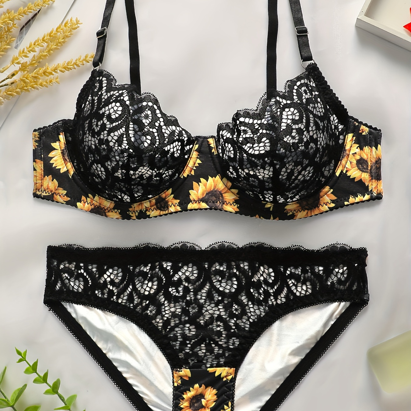 

Floral Print Jacquard Lace Semi Sheer Lingerie Set, Sexy Bra & Panties, Women's Lingerie & Underwear