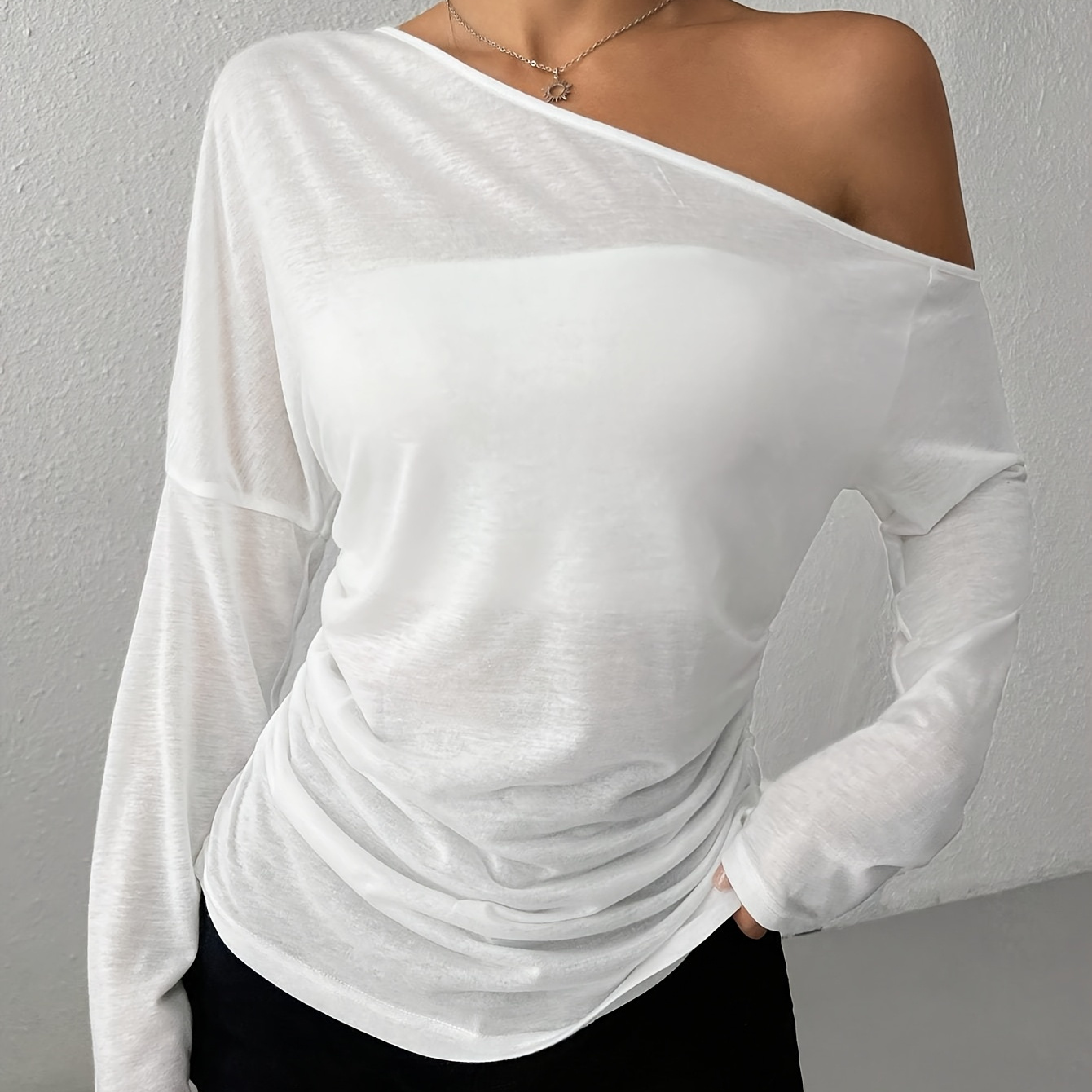 

Women's Elegant Asymmetrical Neck Solid Color Long Sleeve T-shirt, Polyester Knit Fabric, Medium Stretch, With Strapless Detail, For Spring/summer/fall