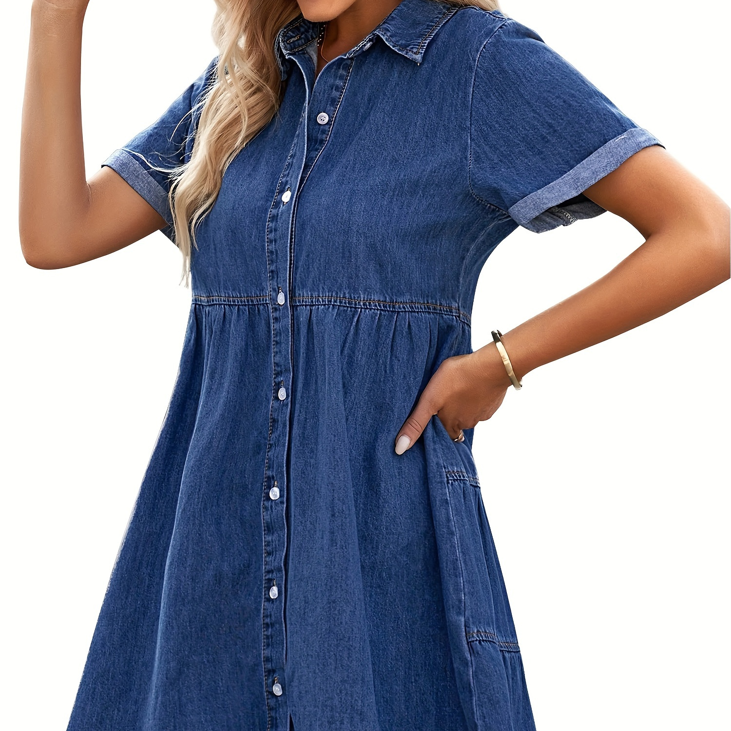 

Plain Washed Blue Tiered Layered Short Sleeve Buttons Closure Denim Dress, Women's Denim Jeans & Clothing