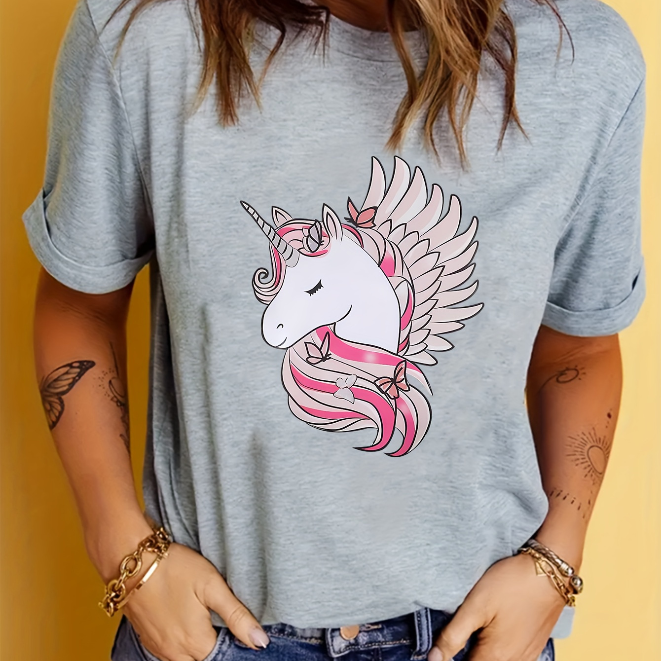 

Mysterious Unicorn Print Summer T-shirt, Cute Short Sleeve Crew Neck Top, Women's Clothing