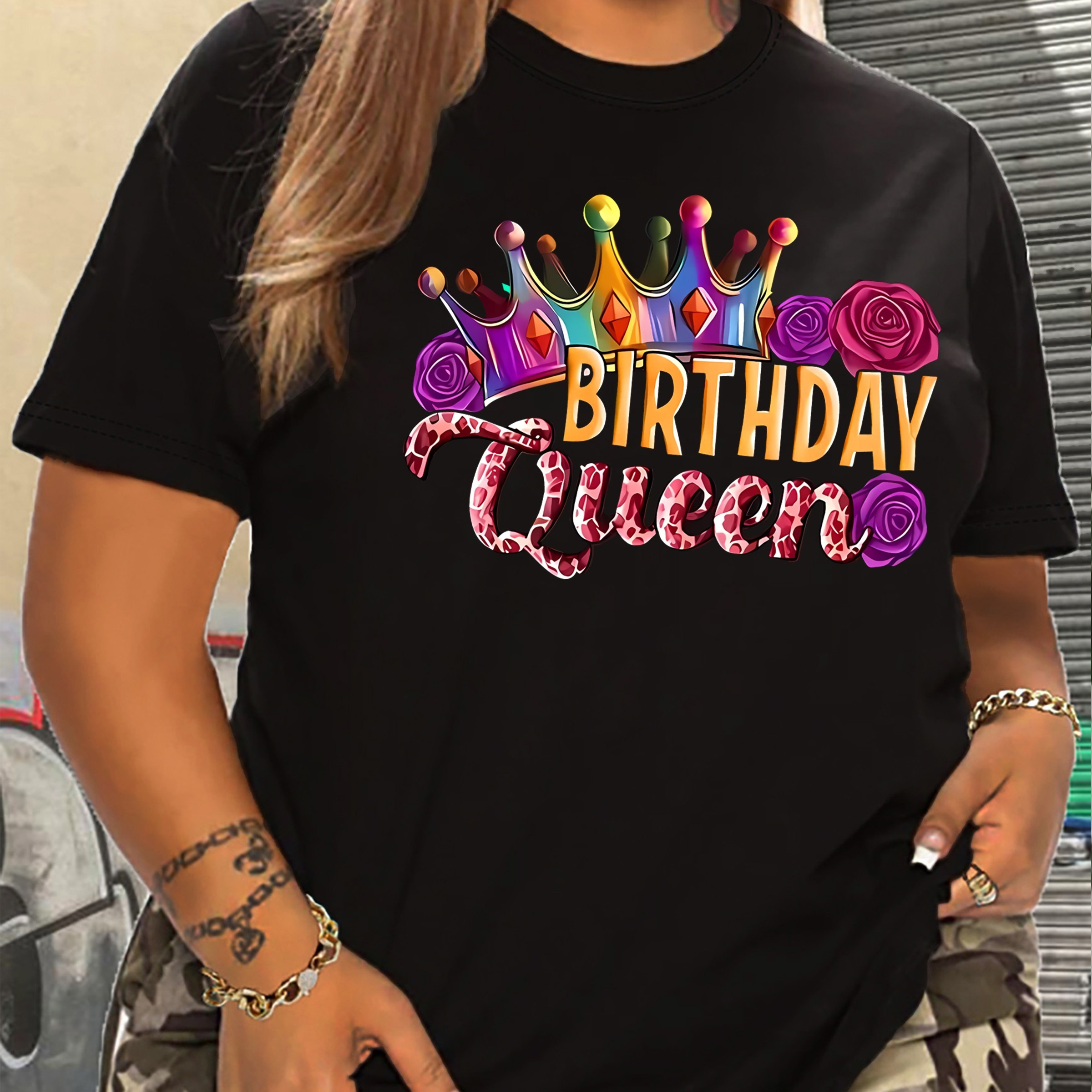 

Women's Plus Size Casual Sporty T-shirt With Colorful Crown & Roses Print, Fashion Birthday Queen Graphic Tee, Short Sleeve Gift Top For Ladies - Relaxed Fit