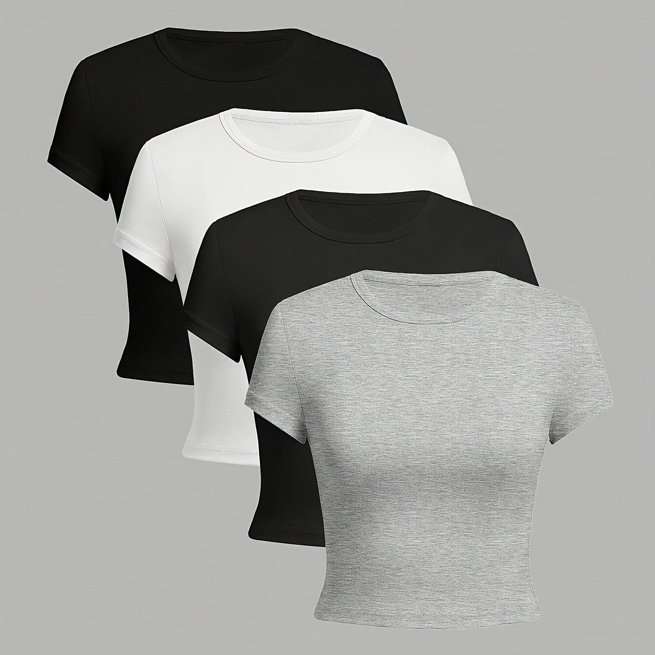 

Elegant 4pcs Women's T-shirt Set - Casual Crew Neck, Short Sleeve, Stretchy Polyester In Black,