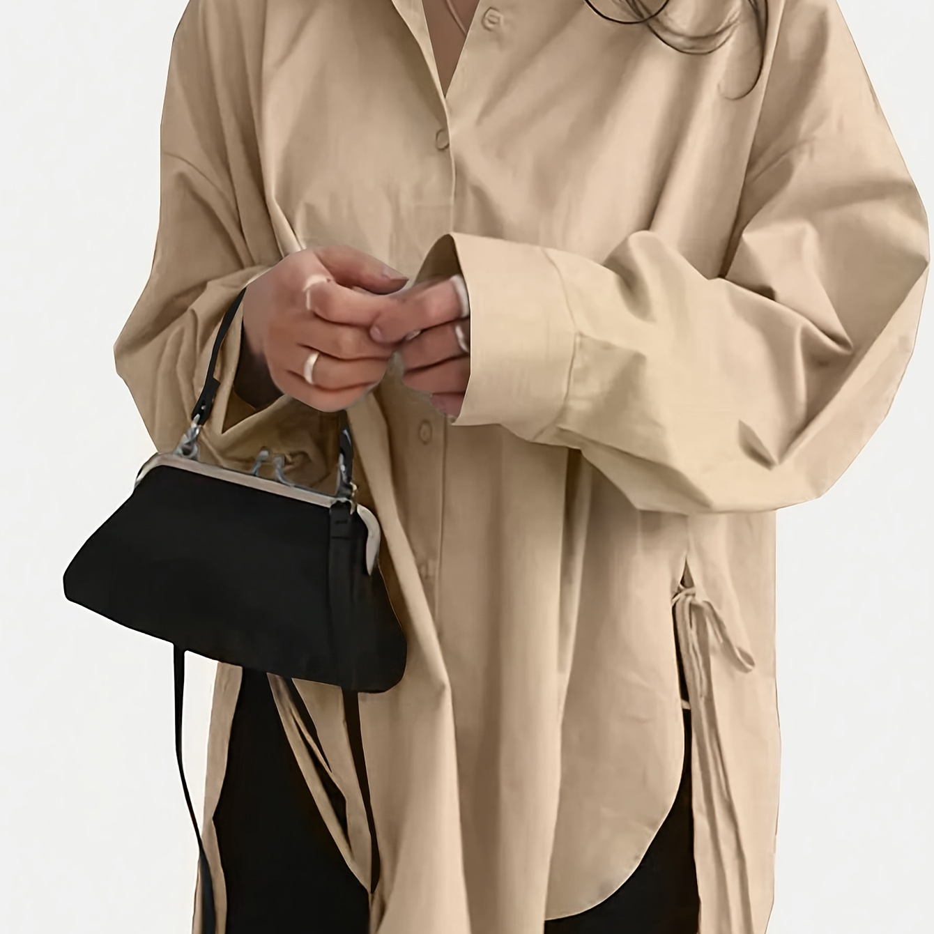 

Blouse Élégante Unie à Épaules Tombantes avec Ourlet Fendu - Polyester, Lavable en Machine, Tissu Non Extensible pour Femme - Parfaite pour /Hiver