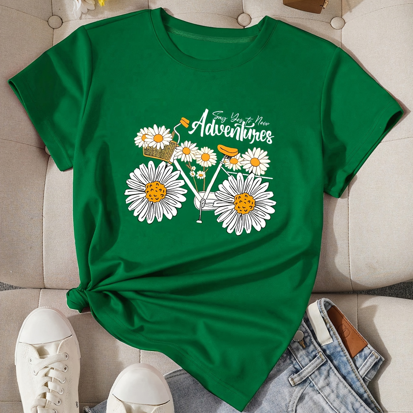 

T-shirt À Imprimé Fleuri, Haut Décontracté À Manches Courtes Et Col Rond Pour L'été Et Le Printemps, Vêtements Pour Femmes