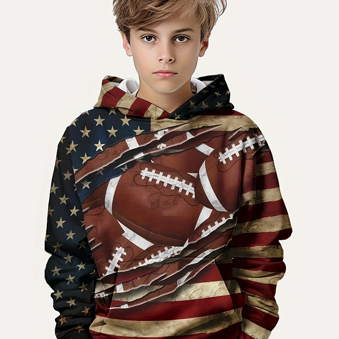

Usa Flag And Football 3d Print Boy's Hoodie, Kids Casual Long Sleeve Comfy Trendy Pullover Hooded Sweatshirt For Fall Winter