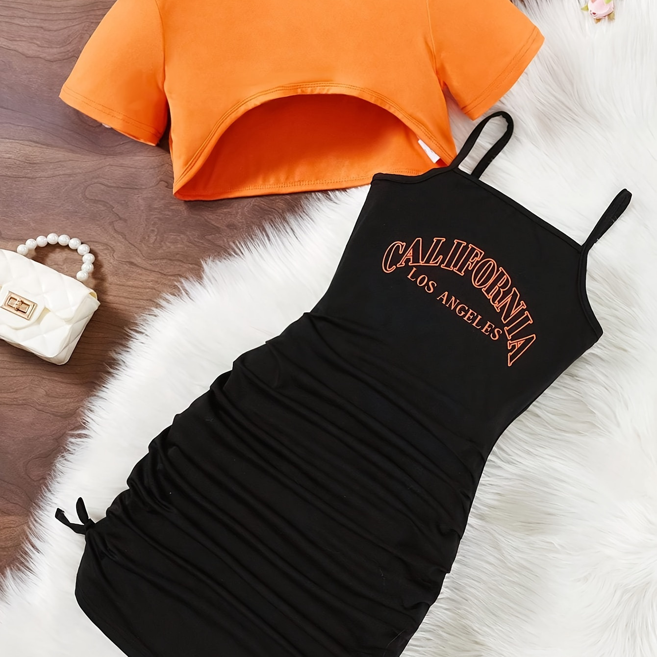 

Sporty Girls 2pcs Solid Crop Tee Top + Ruched Letter Print Cami Dress Set, Casual Holiday Summer Outfit