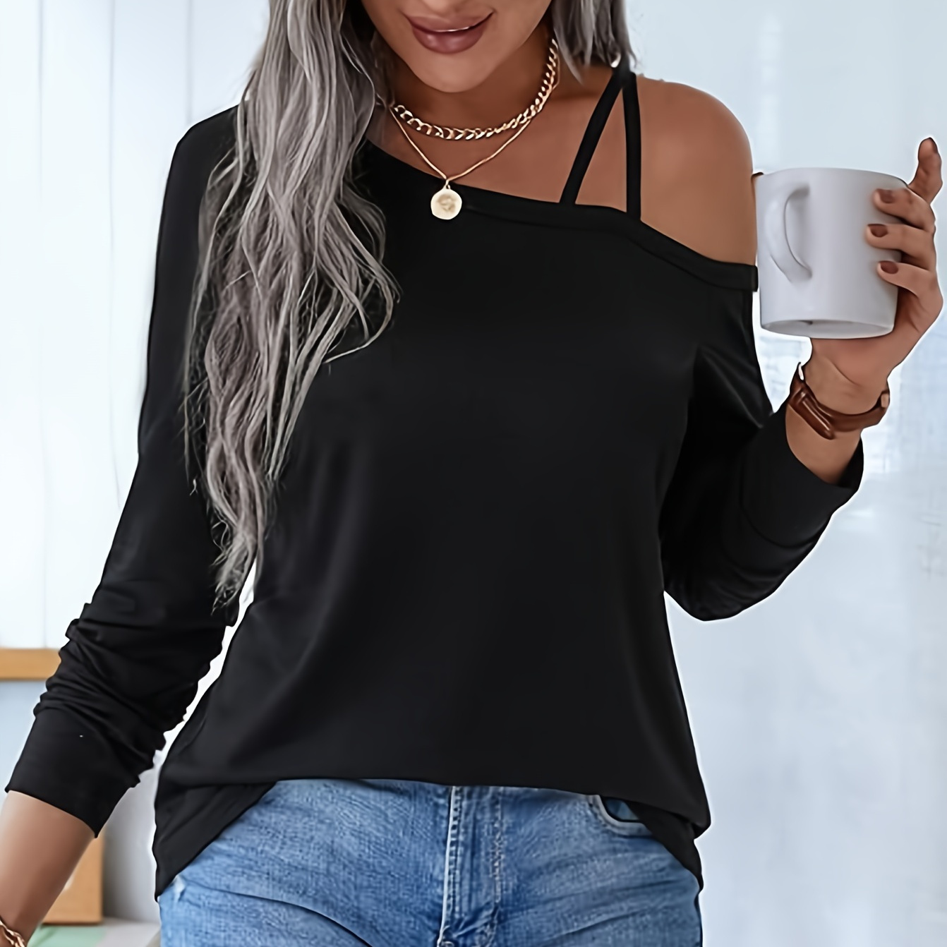 

Cold Shoulder Solid T-shirt, Casual Long Sleeve Top For Spring & Fall, Women's Clothing