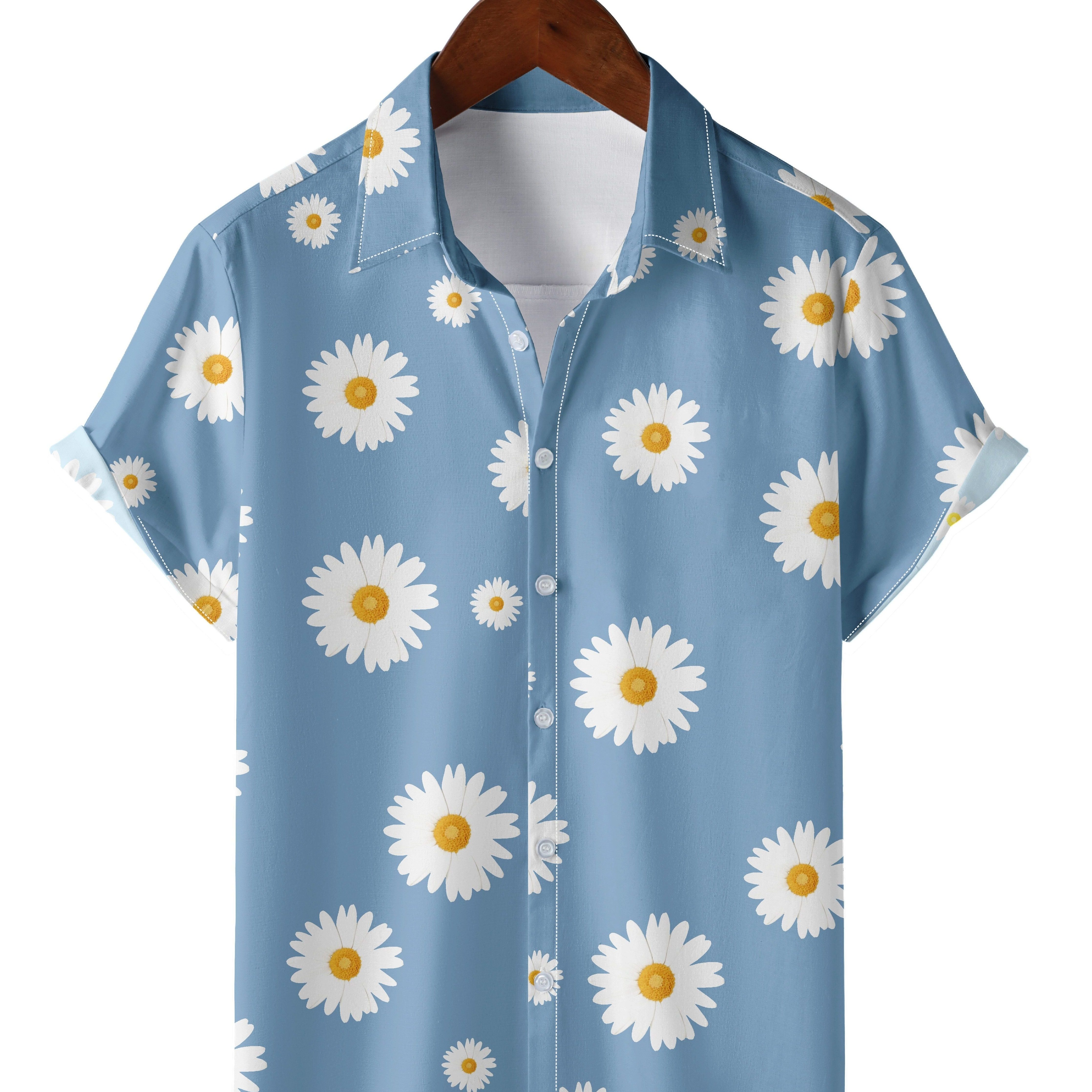 Men's Shirt Top, Daisy Flower Print, Lapel Short Sleeves Closure Summer Hawaii Shirt Male Casual Button Up Shirt For Daily Vacation Resorts Beach