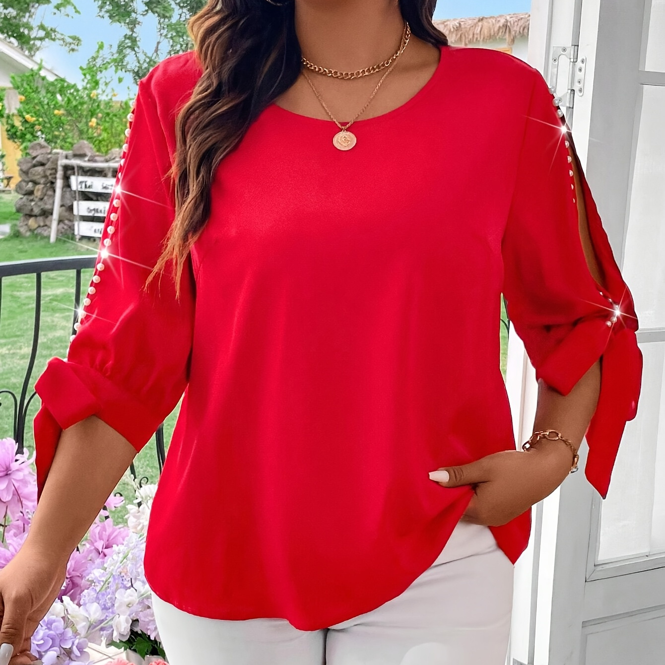 

Elegant Red Crew Neck Blouse With Pearl - Chic 3/4 Sleeve, Lightweight Polyester-spandex , Spring/summer/fall Events