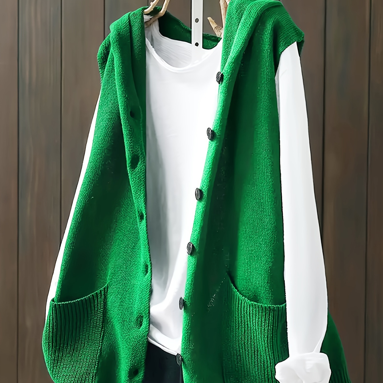 

Cardigan Chic Vert à Capuche pour Femme - Pull Tricoté Décontracté à Boutons avec Double Poches, Manches Longues, 100% Acrylique - Idéal pour /Hiver