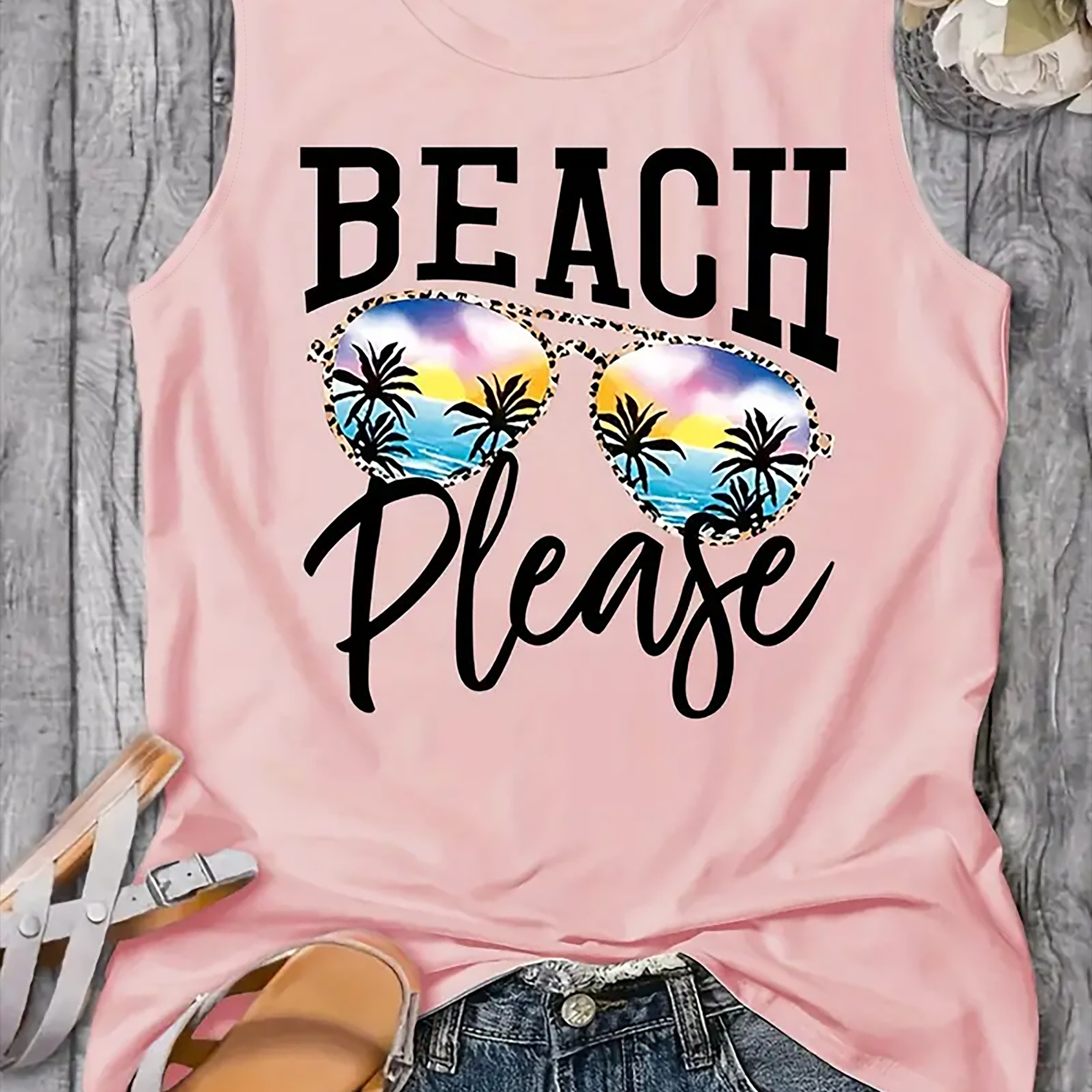 

Beach Print Crew Neck Tank Top, Casual Sleeveless Tank Top For Summer, Women's Clothing