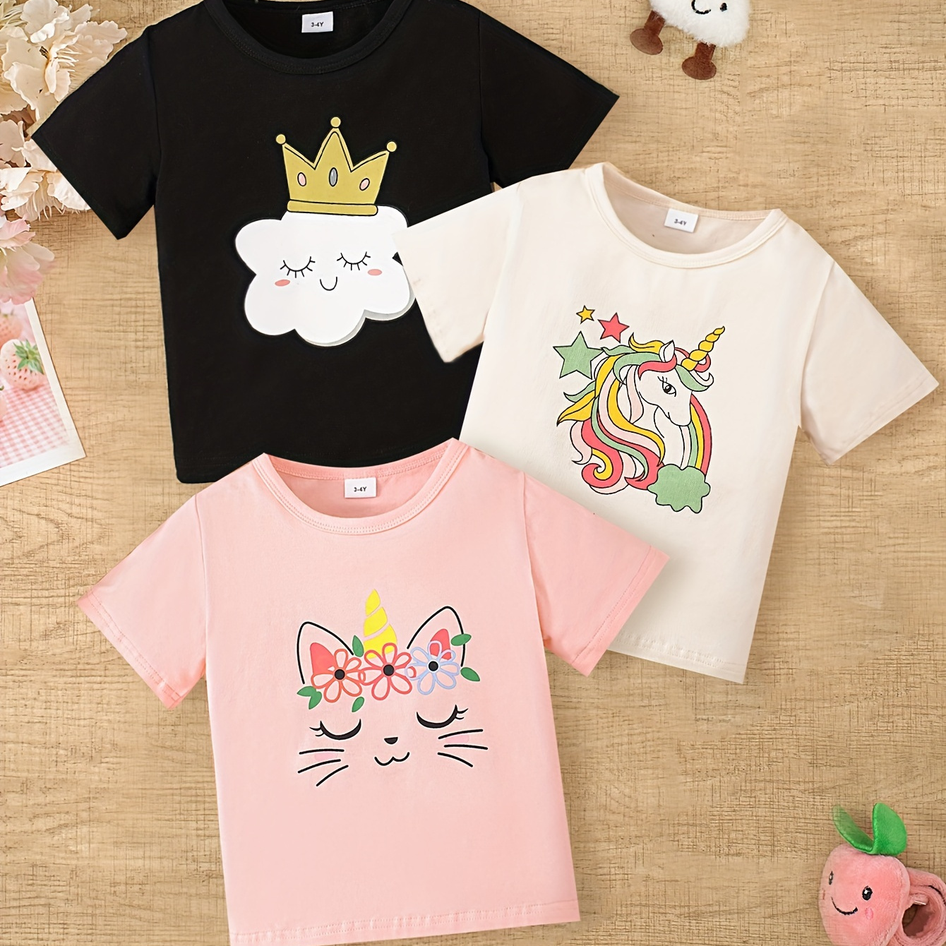 

3pcs Toddler Kid Girls Cartoon Unicorn & Clouds & Cat Print T-shirt Short Sleeve Crew Neck Trendy Summer Clothing
