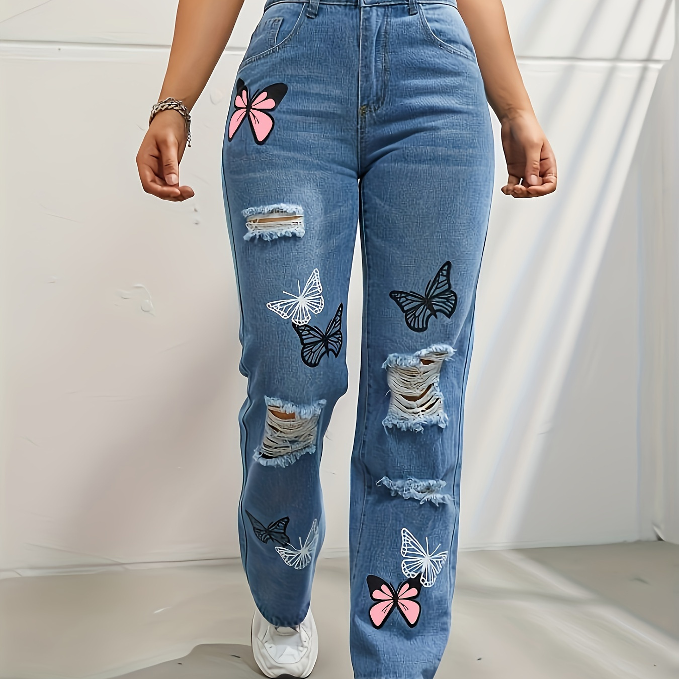 

Carnaval Butterfly Print Casual Straight Jeans, Ripped Holes High Waist Loose Fit Denim Pants, Women's Denim Jeans & Clothing