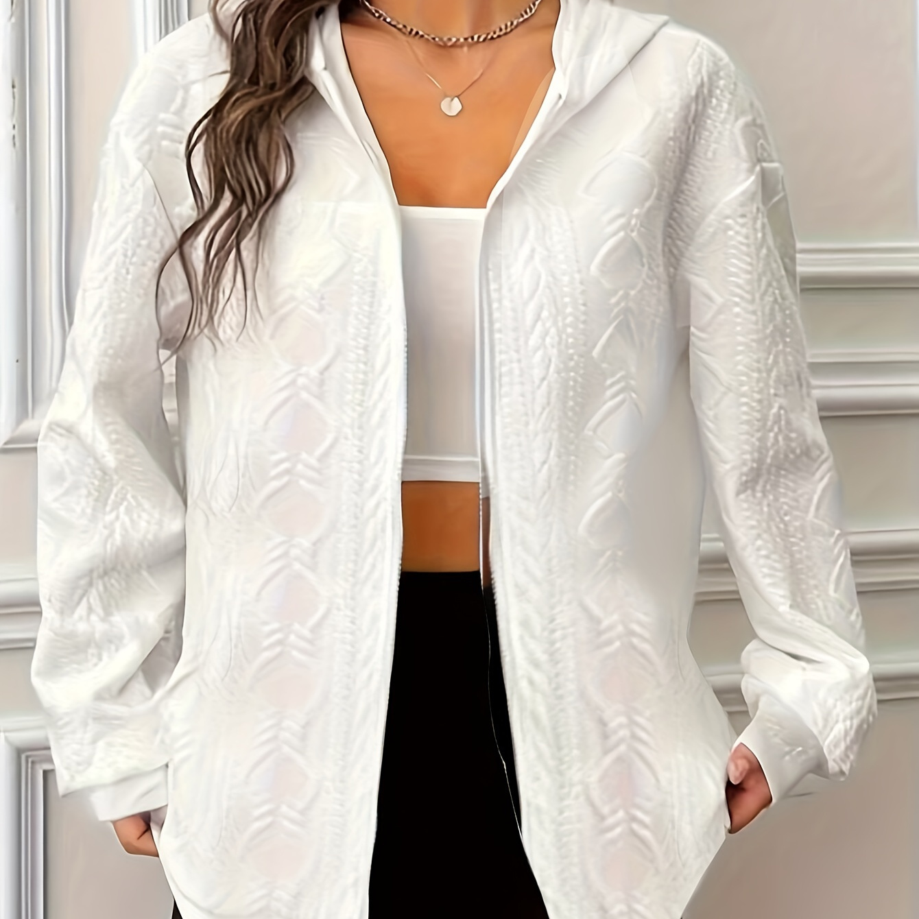 

Textured Zip Up Hoodie, Casual Long Sleeve Hooded Jacket, Women's Clothing