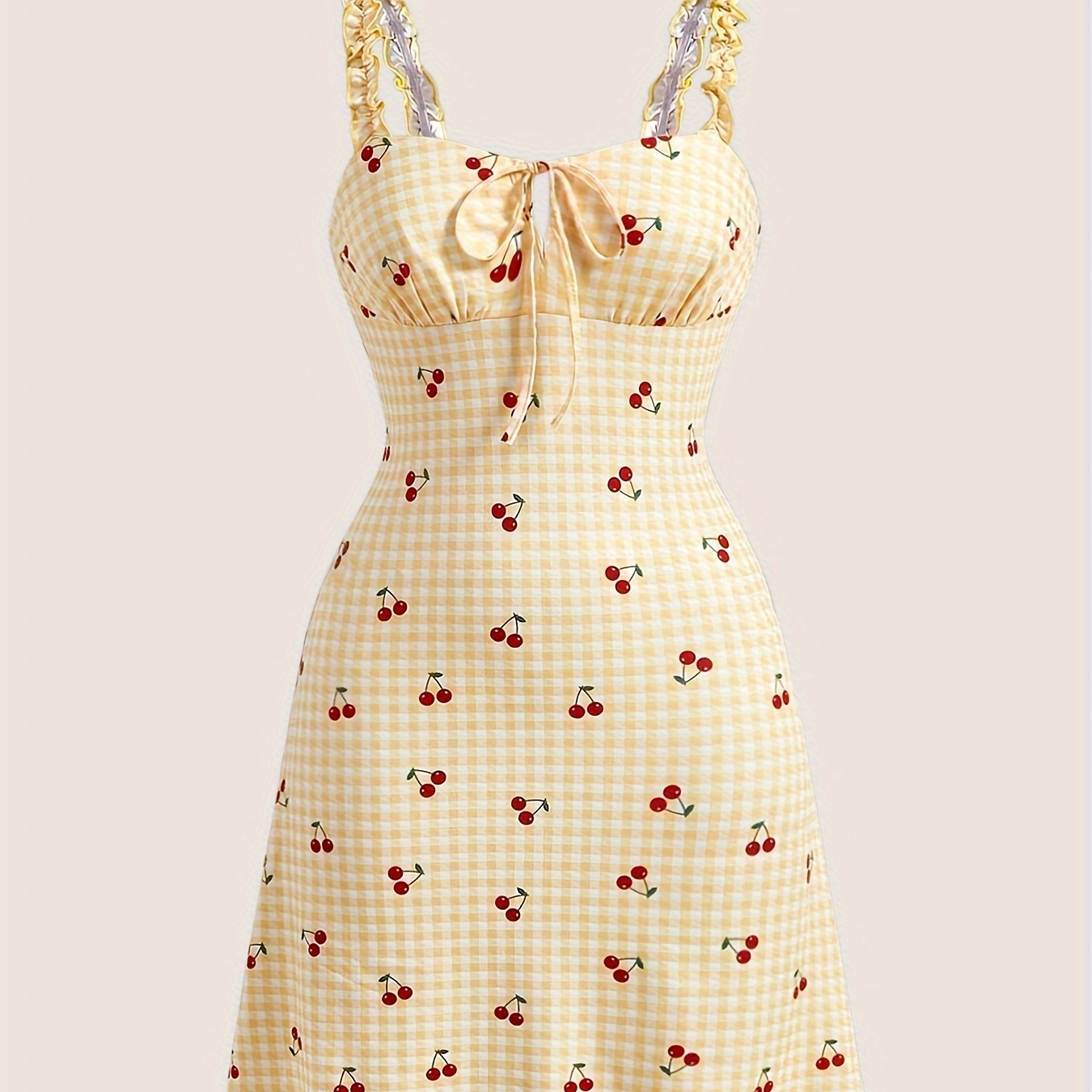 

Cherry Print Tie Front Dress, Casual Backless Lettuce Trim Sleeveless Plaid Dress For Spring & Summer, Women's Clothing