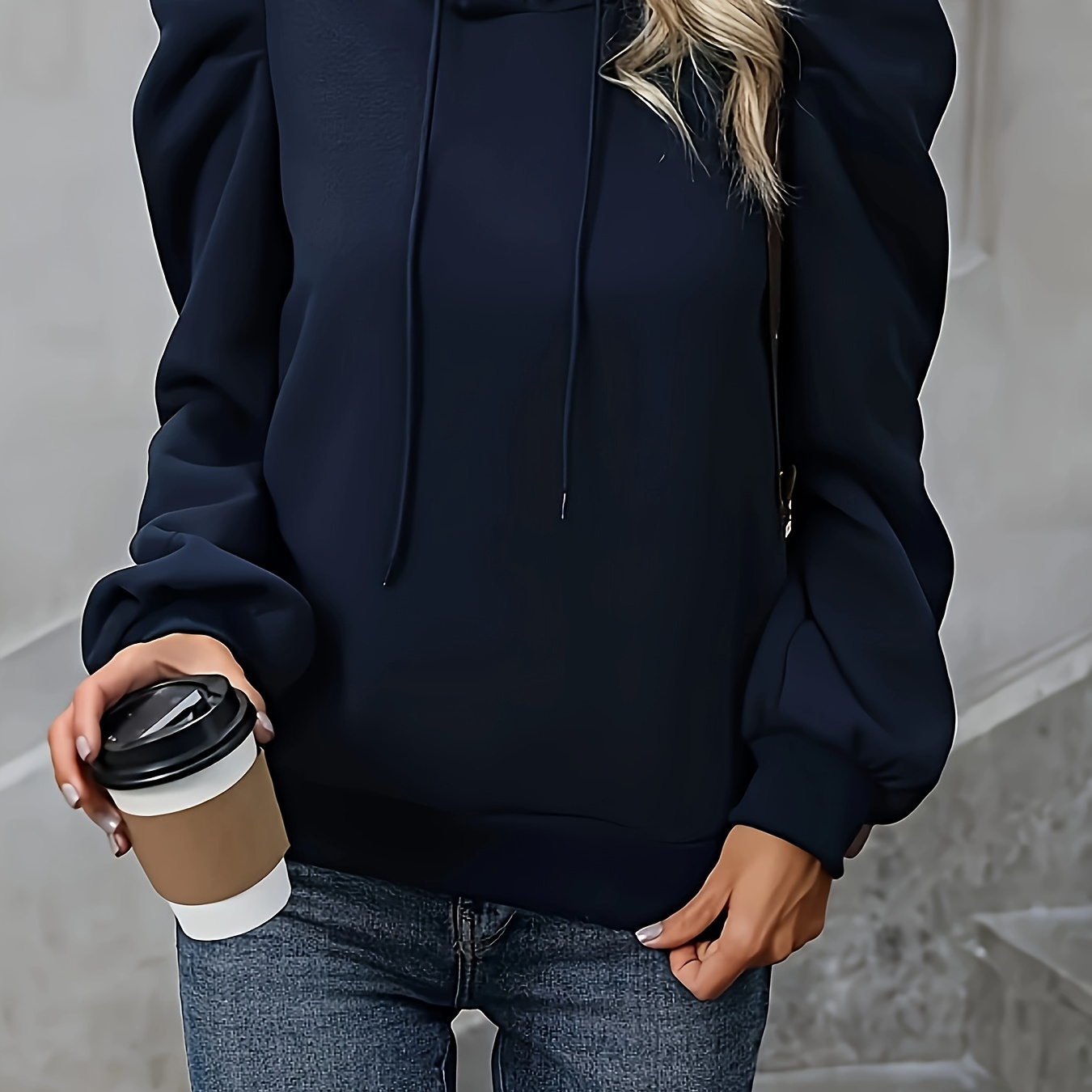 

[cozy Outerwear] Elegant Black Hooded Sweatshirt For Women - Chic Puff Sleeve Pullover With Drawstring, 100% Polyester, Machine Washable - Fall/winter