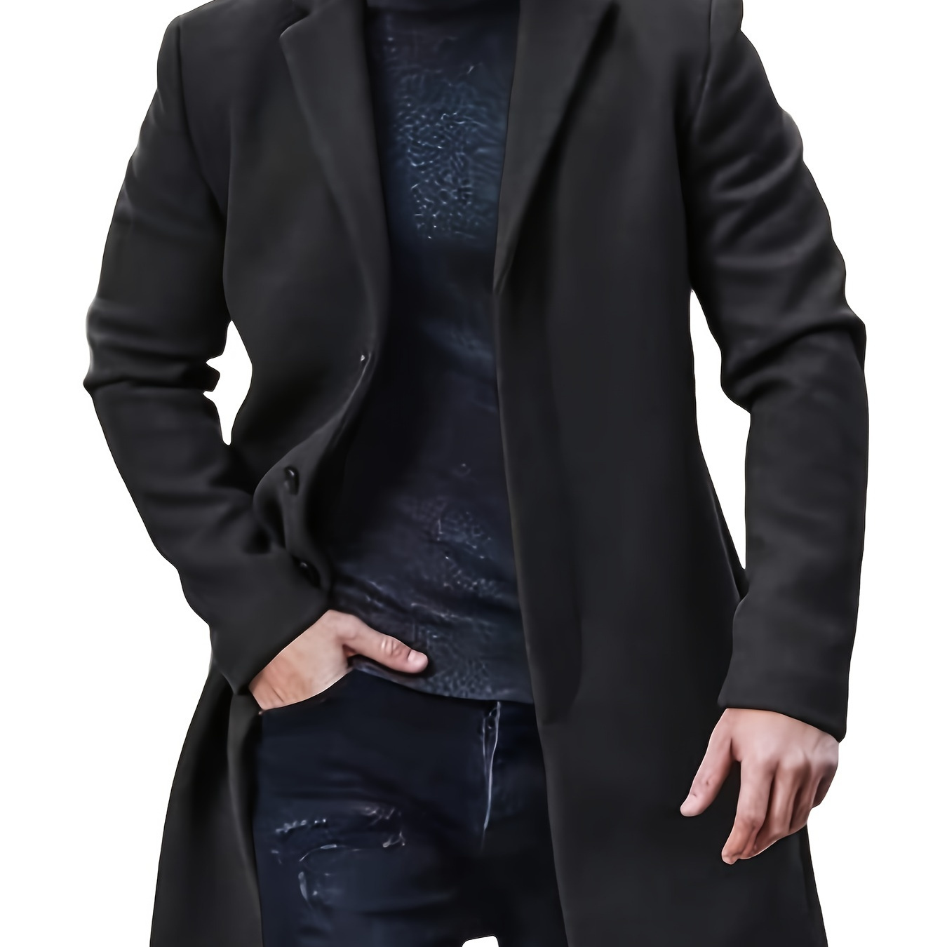 

Men's Casual Midi-length Coat, Polyester Lined, Non-stretch Fabric, Solid Color, Long Sleeve, With Slit Hem, Single Breasted , Lapel Collar, For Fall/winter Collection