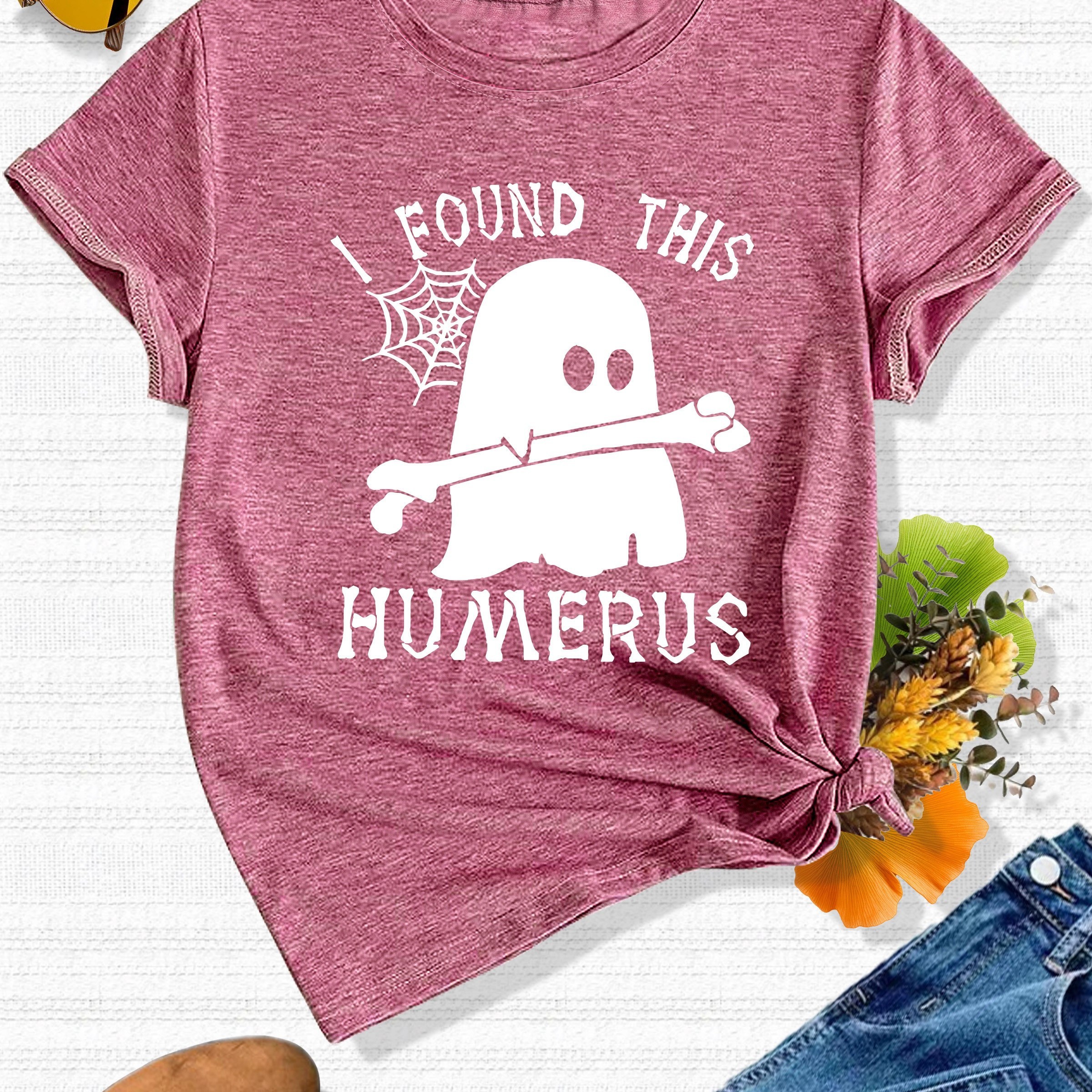 

Women's Halloween "i Found This Humerus" Funny Pun Graphic T-shirt, Round Neck, Short Sleeve, Casual Fashion, Relaxed Fit, Elegant Vintage Top