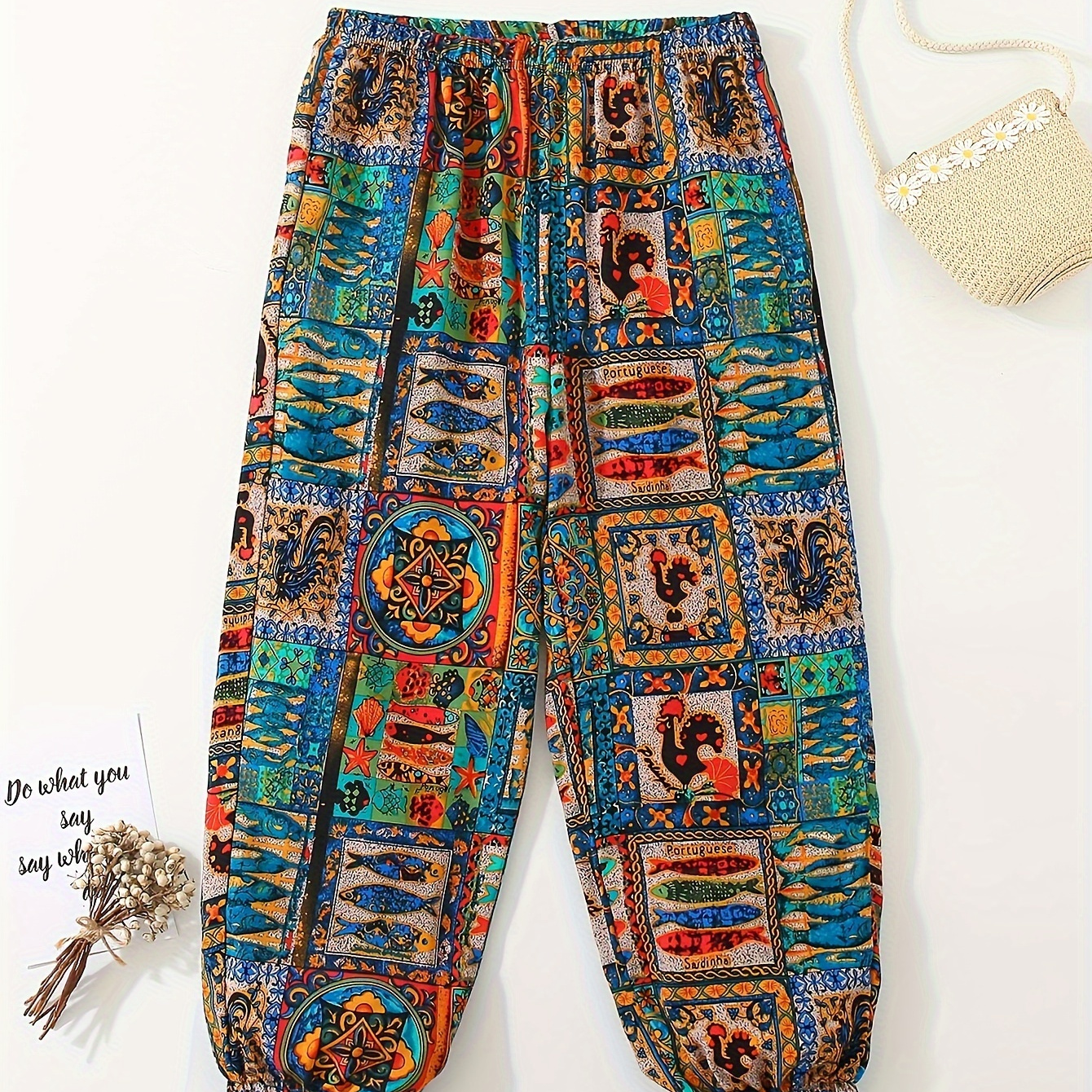 

Girls Loose & Casual Allover Fish & Floral & Chickens Pattern Print Ethnic Style Harem Pants For Spring & Summer