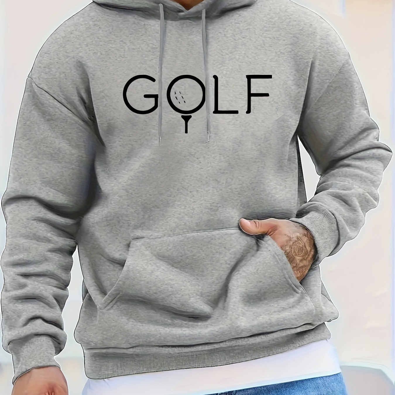 

Fashion Golf Letters With Ball Drawing Print Men's Versatile Comfortable Drawstring Hoodie With Kangaroo Pocket, Meticulously Crafted Street Fashion For Daily Wear, Best Fall/winter Choice