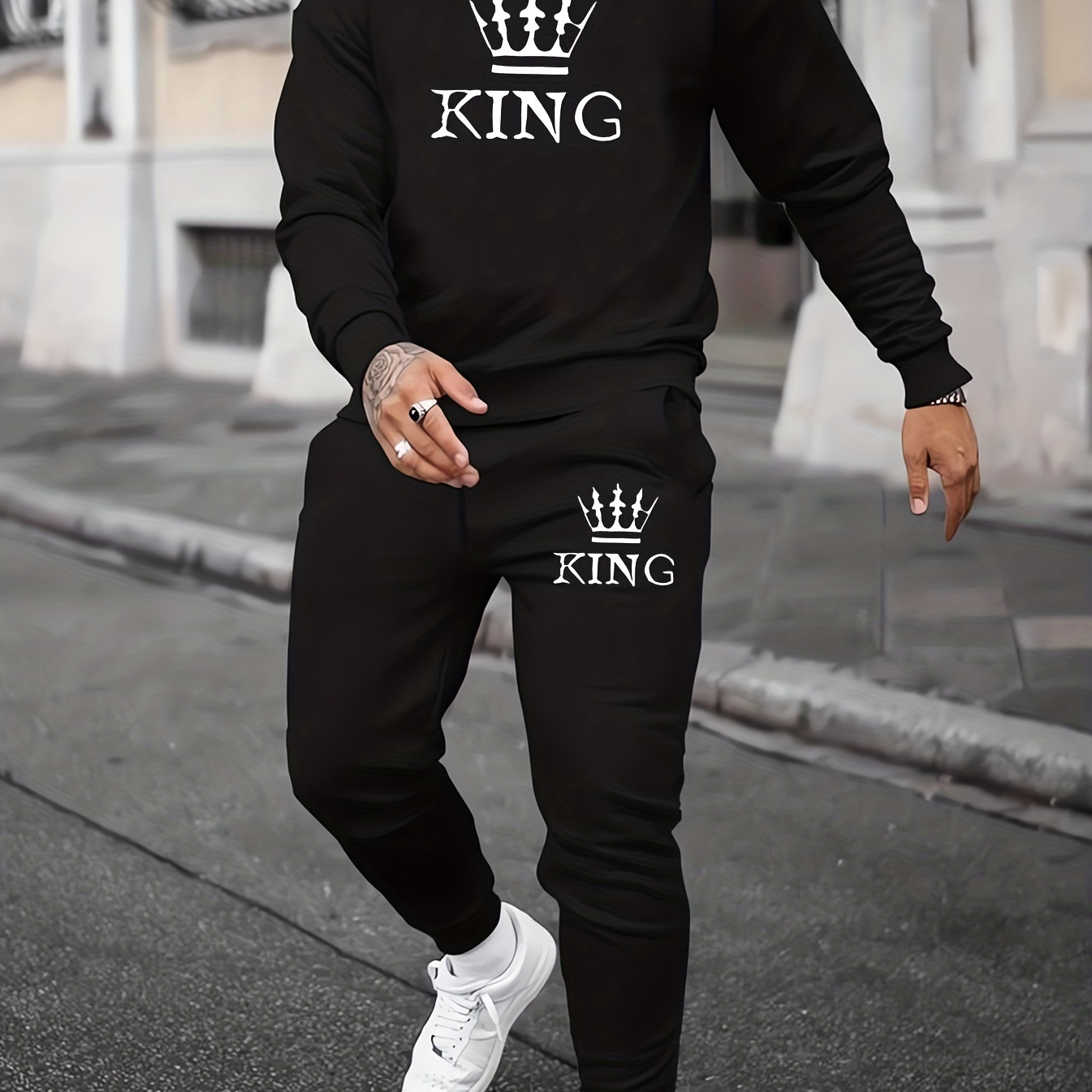 

King Print, Men's 2pcs Outfits, Casual Crew Neck Long Sleeve Pullover Sweatshirt And Drawstring Sweatpants Joggers Set For Spring Fall, Men's Clothing