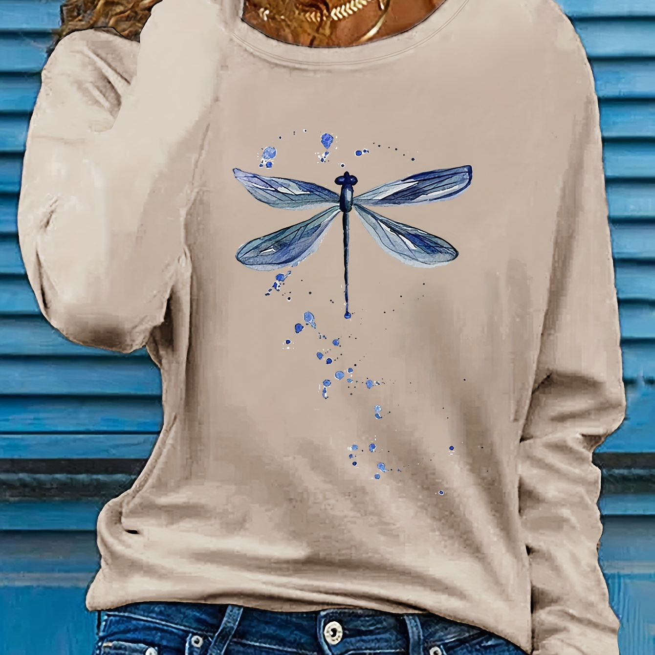 

Dragonfly Print Crew Neck T-shirt, Casual Long Sleeve Top For Spring & Fall, Women's Clothing