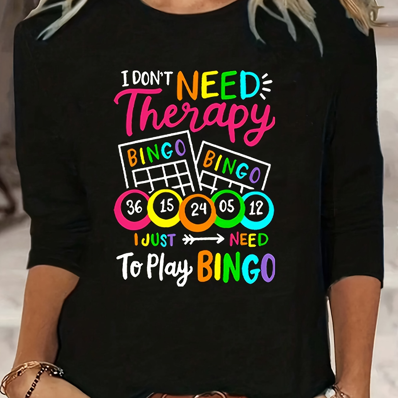 

Women' Casual Long Sleeve Thin T-shirt, Polyester, Round Neck, Geometric Bingo Print, Knit Fabric, Ladies Sportswear Tee