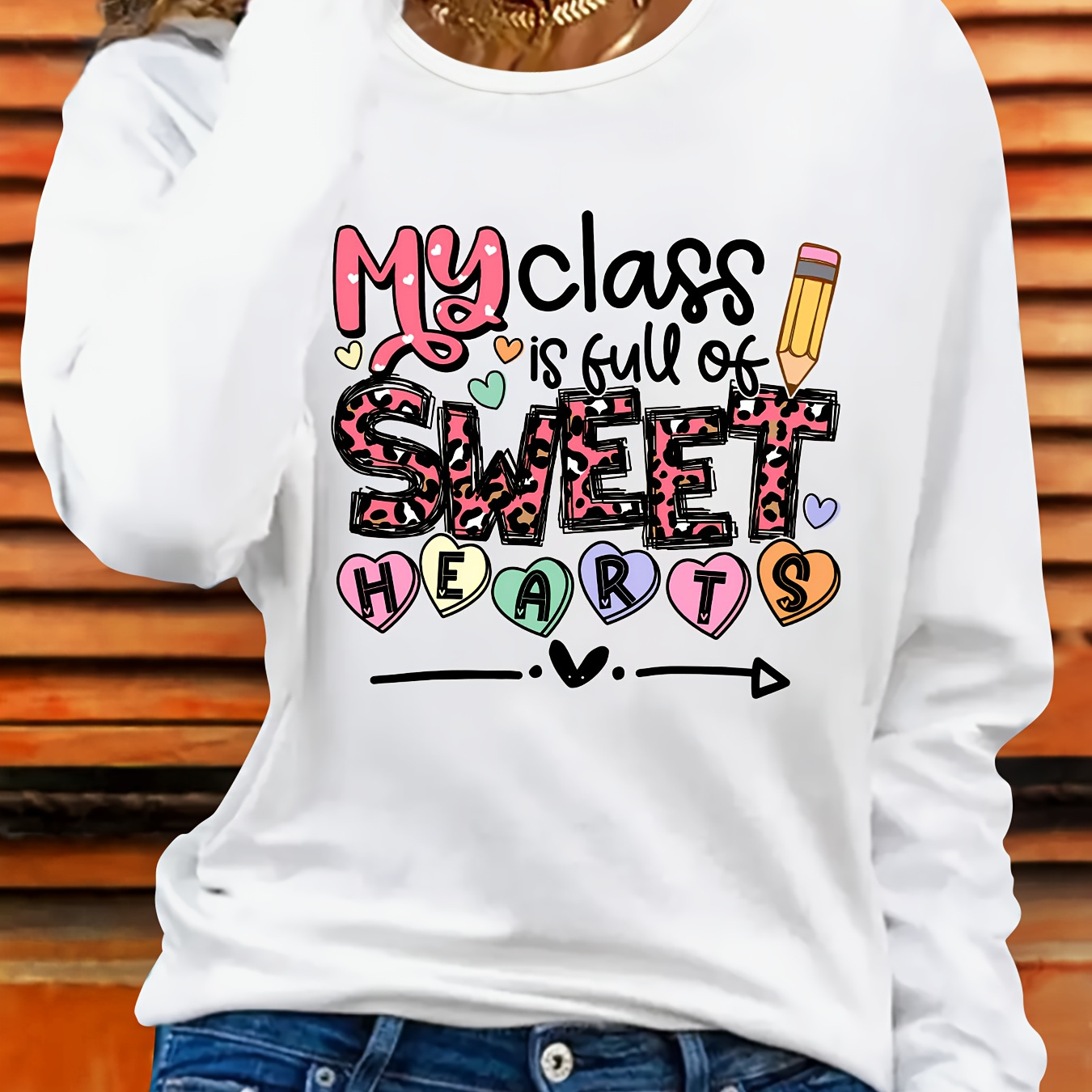 

Women's Casual Long Sleeve T-shirt, Polyester 100 Neck, Medium Stretch Knit Fabric, 180g/m², Fashionable "my Class Is Full Of " Print With Pencil & Heart Motif