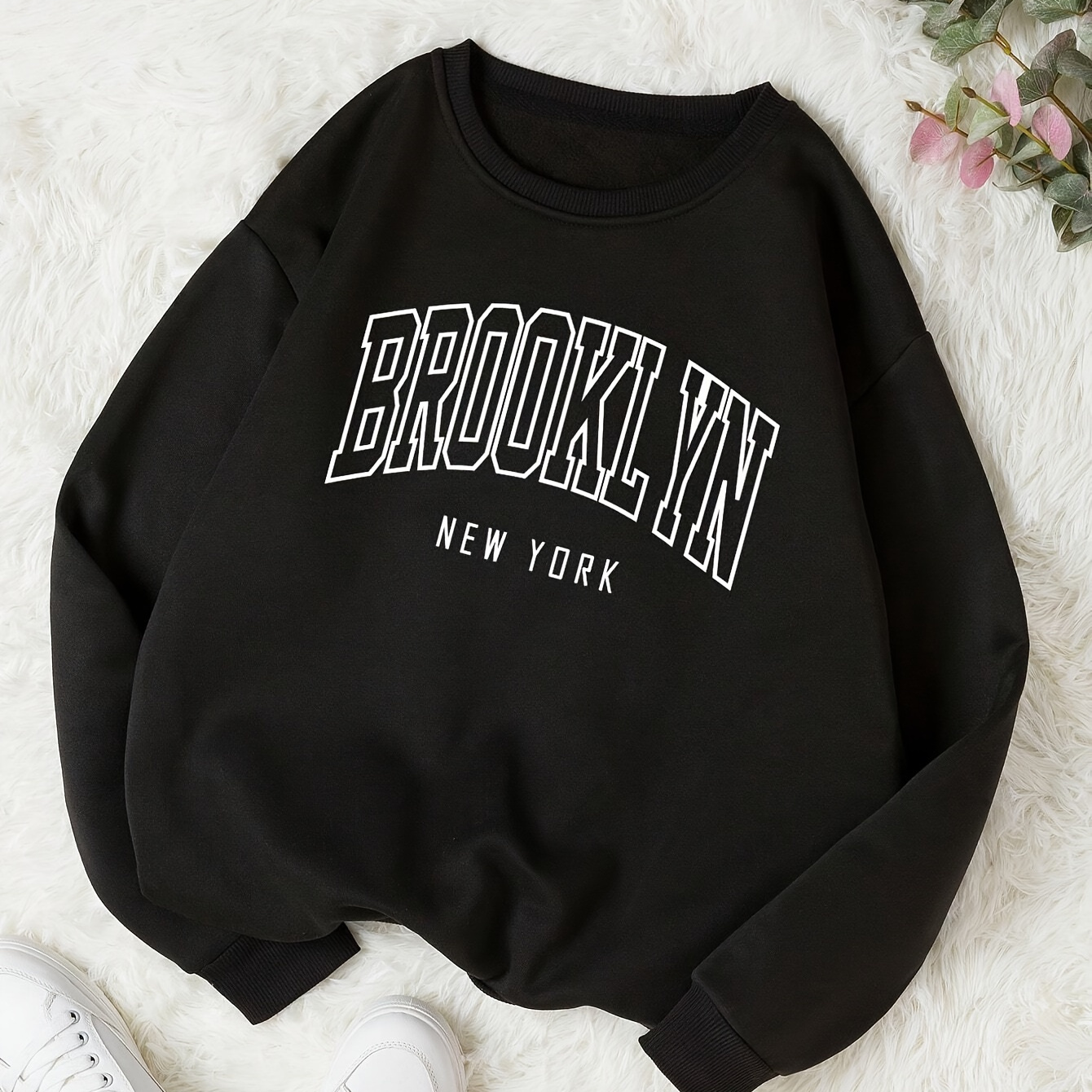 

brooklyn New York" Print Fleece-lined Crew Neck Sweatshirt, Sporty Outerwear - Fall & Winter