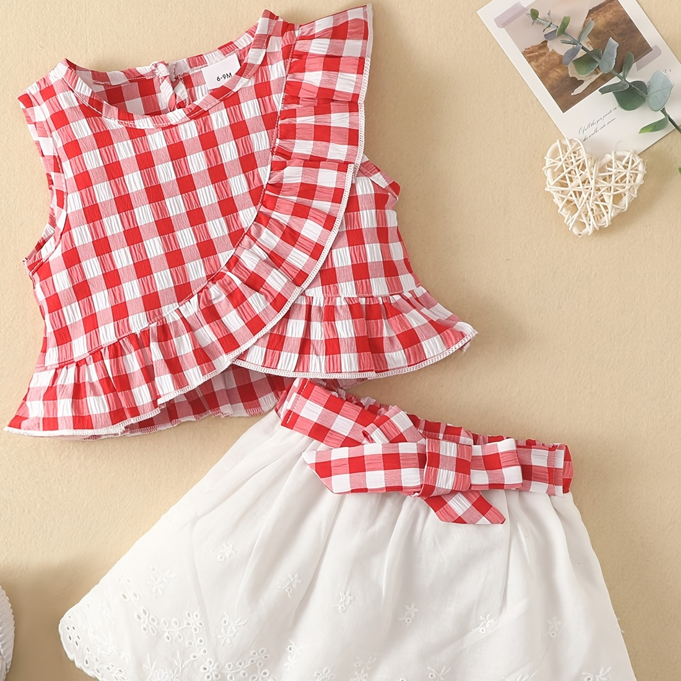 

2pcs Girls Casual Gingham Ruffle Hem Tank Top & Skirt Set Clothes, Coquette Style
