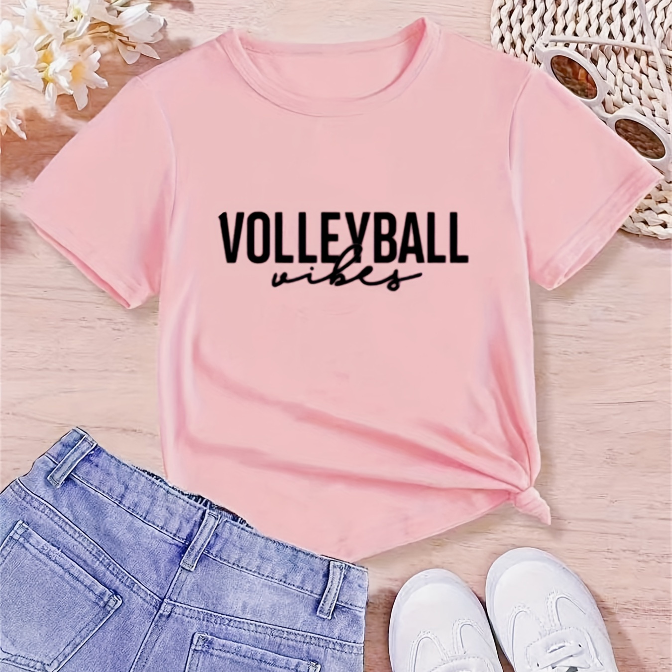 

volleyball" Letter Print Creative T-shirts, Soft & Elastic Comfy Crew Neck Short Sleeve Tee, Girls' Summer Tops