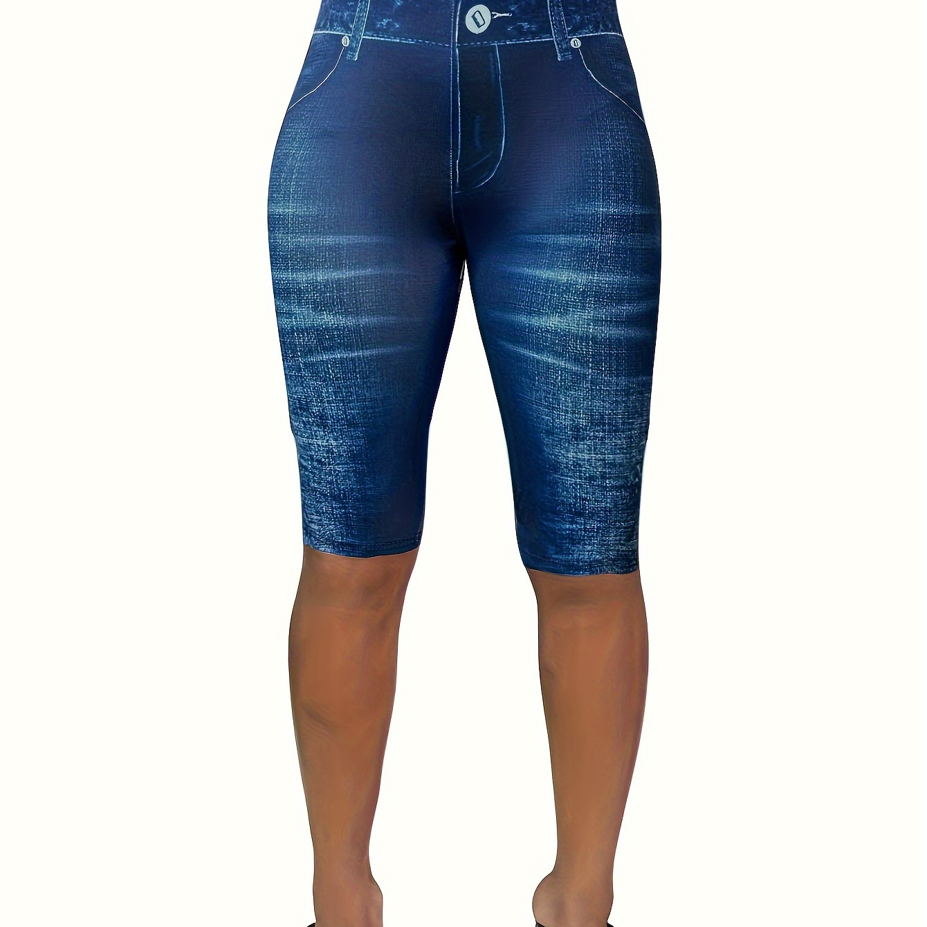 

Collants À Taille Haute Imprimé Faux Denim, Collants Décontractés Pour Le Printemps Et L'été, Vêtements Pour Femmes