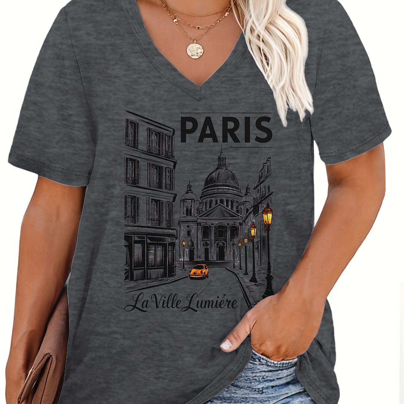 

Plus Size Paris Print T-shirt, Casual V Neck Short Sleeve Top For , Women's Plus Size Clothing