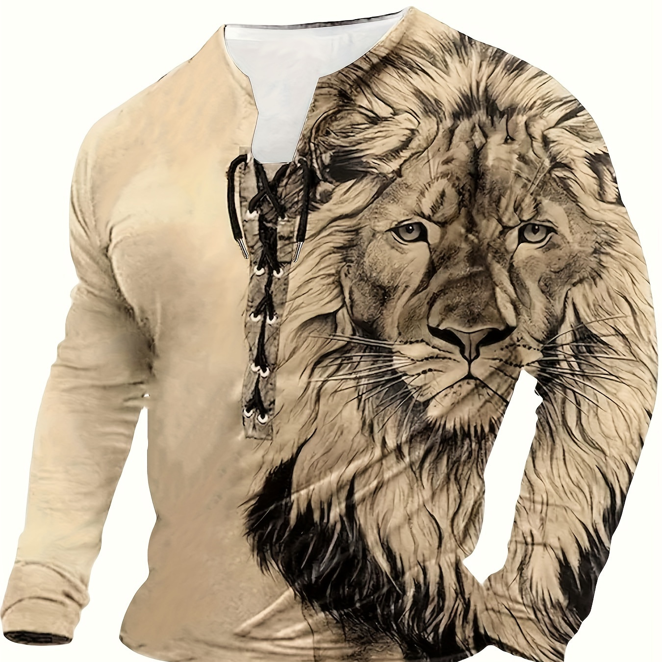 

3d Lion Print Men's Long Sleeve Henley Tee With Drawstrings, Men's Casual Clothing For Spring Fall