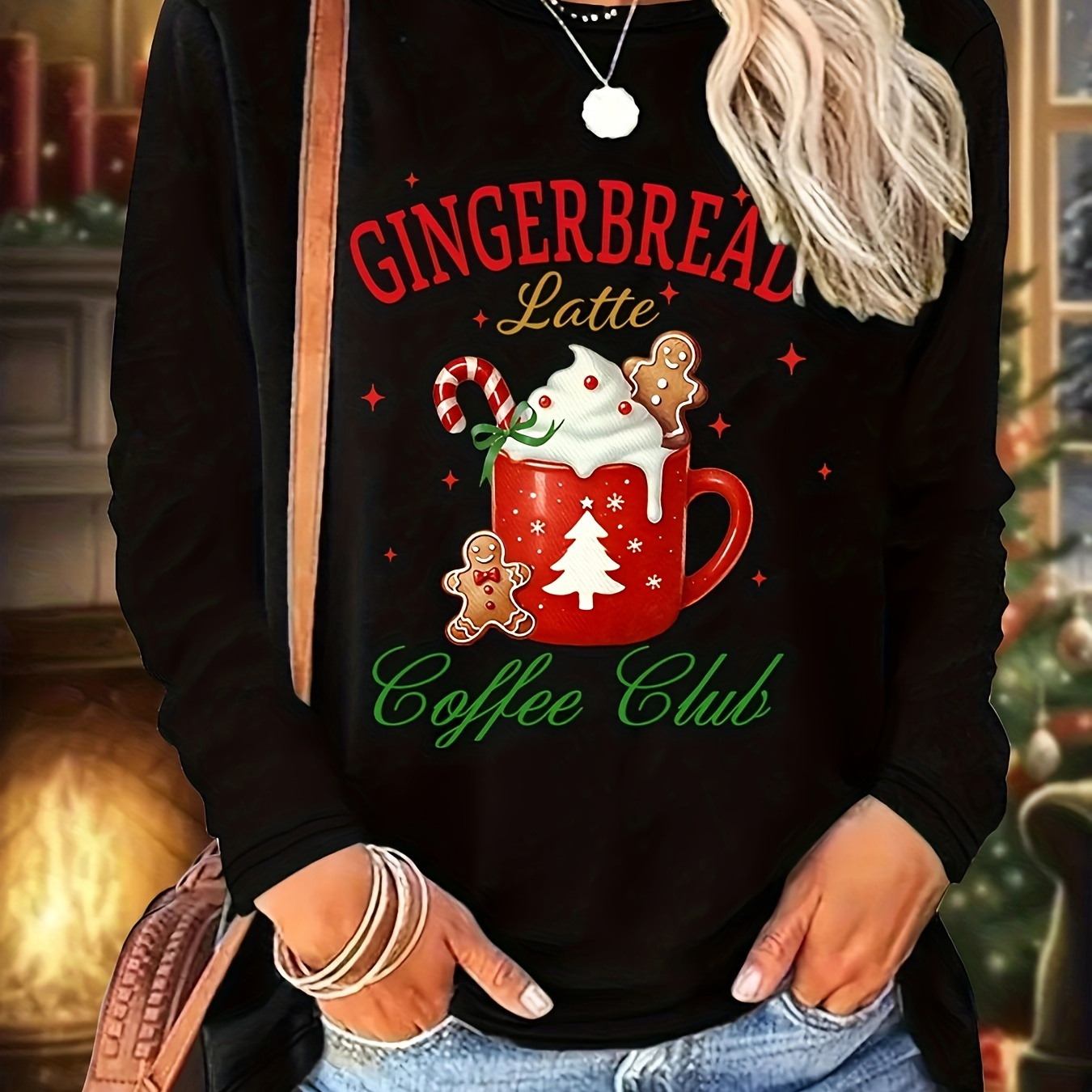 

Women's Gingerbread Latte Christmas Graphic T-shirt, Casual Crew Neck Long Sleeve Polyester Knit Top With Elastane, Festive Holiday Print Tee For Spring/summer/fall