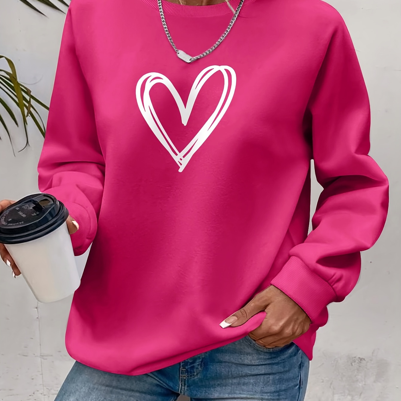 

Women's Casual Round Neck Fleece-lined Sweatshirt, Long Sleeve Sweatshirt With Cartoon Heart Print, Fashion Sports Outerwear For Fall/winter