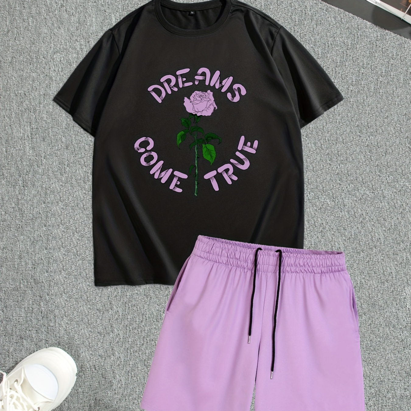 

''dreams Come True'' Flower Print Men's 2pcs, Casual T-shirt And Loose Drawstring Shorts For Summer
