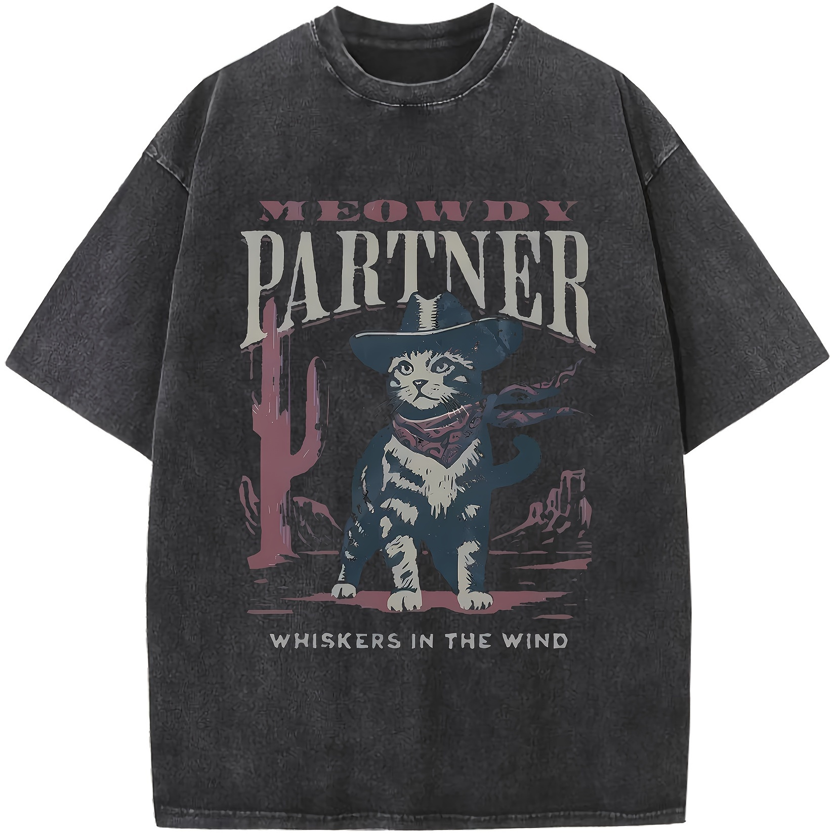 

Meowdy Partner Cowboy Cat Garment-dye Tees, Boutique 230g Washed Wax Print Retro Thick Cotton T-shirt, Couple Fashion Casual Cotton T-shirt, Short-sleeved Round Neck T-shirt